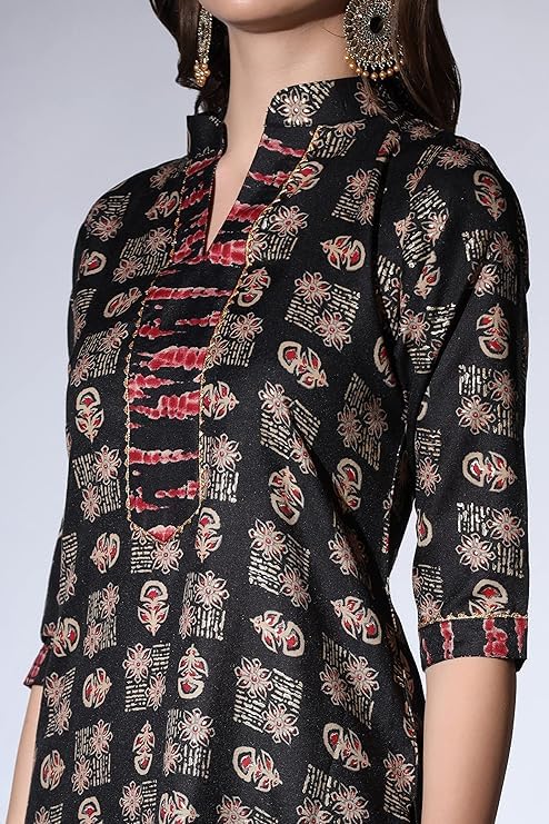 Greciilooks Womens Cotton Blend Casual Regular Fit Kurta Pant Set (Black, Small)