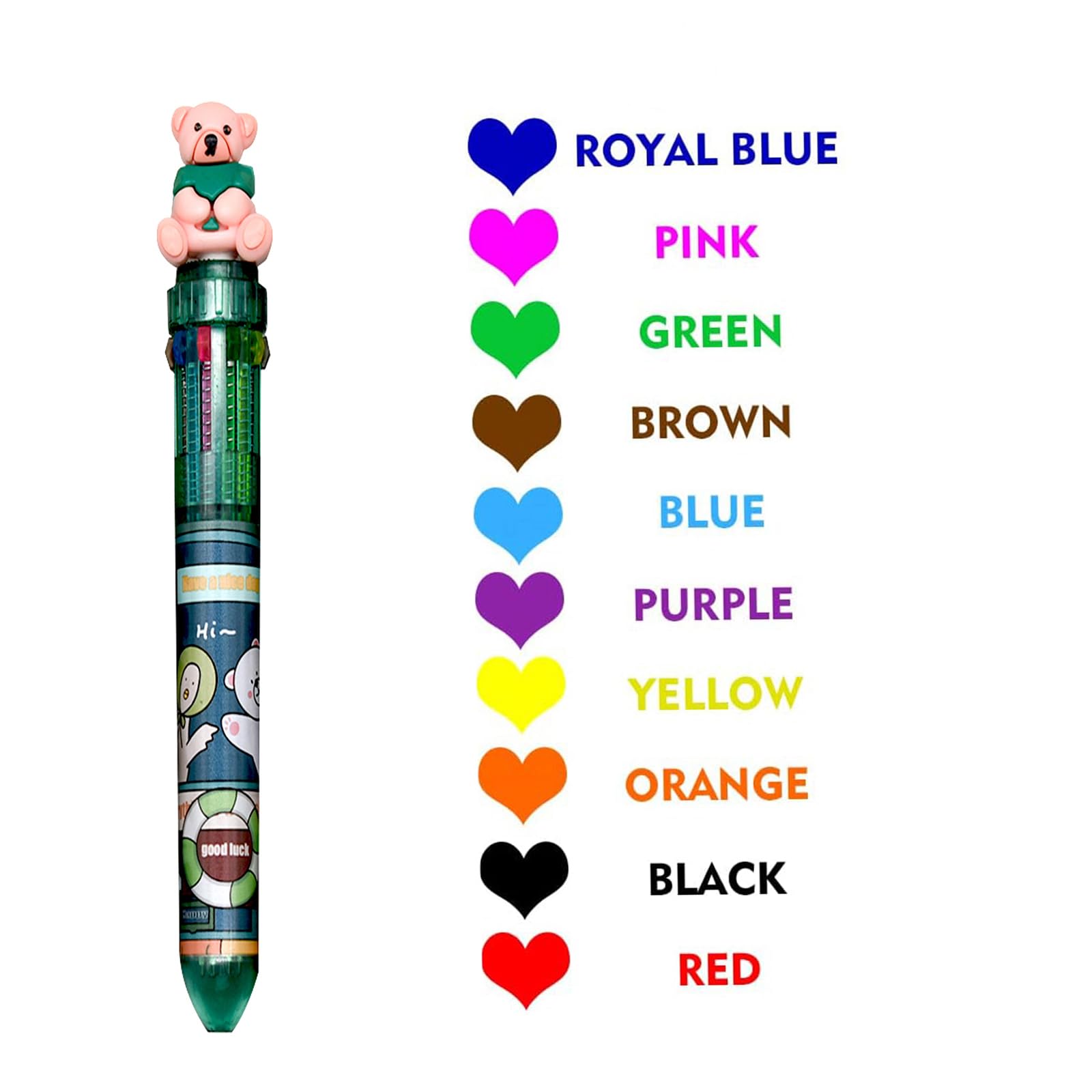 Lot de 8 stylos à bille rétractables 10 en 1 avec motif d'ours mignon de 0,7 mm, 10 couleurs, thème animal de dessin animé, fournitures de papeterie, cadeaux d'anniversaire