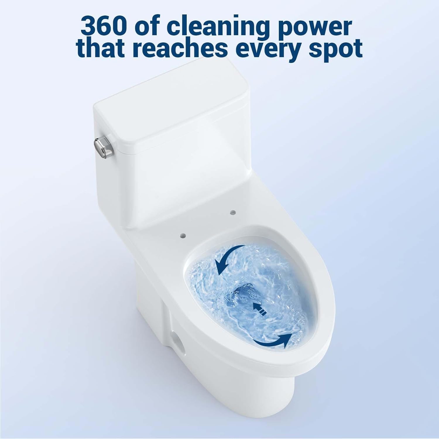 An overhead view inside the toilet bowl showing water swirling during a flush, illustrating the 360-degree cleaning power.