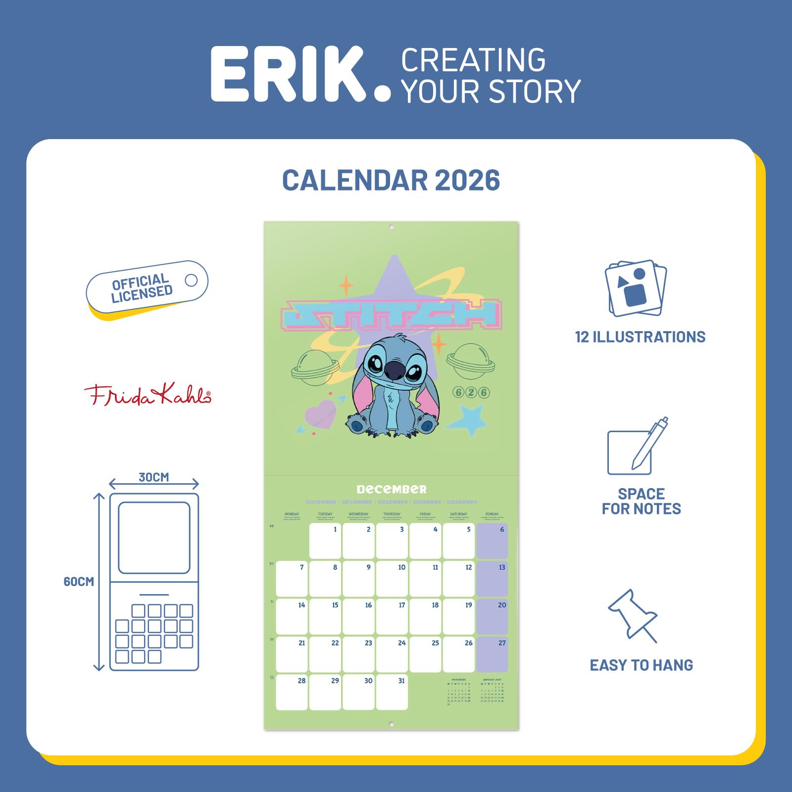 Grupo Erik Wall Calendar 2026 - Disney Stitch Calendar 2026 | Square 30 x 30 cm - 12 x 12 inches Wall Planner, Family Planner Month To View | Stitch Gifts, Disney Gifts For Friends