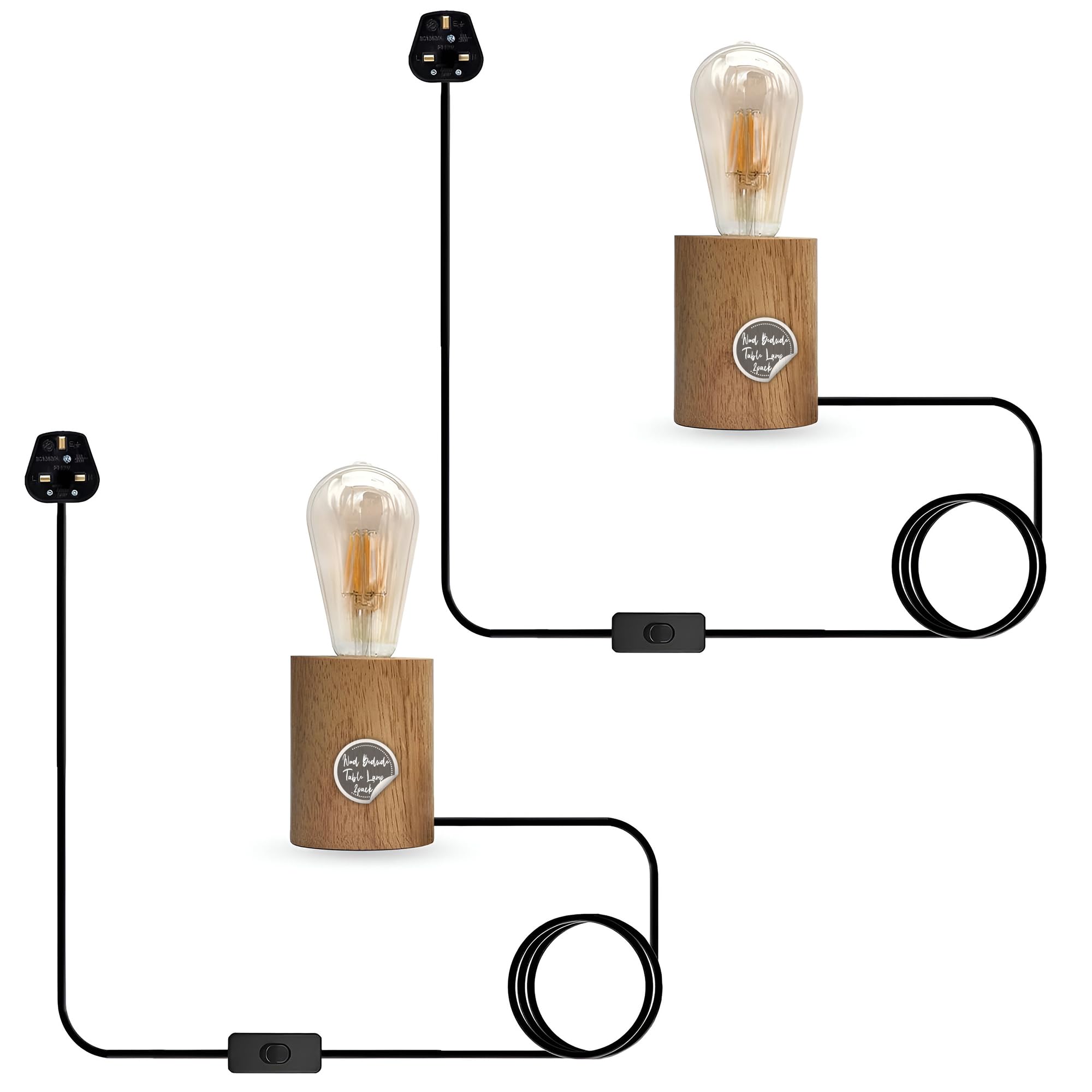 LEDSone Bedside Lamps Set of 2, Retro Wood Bedside Table Lamp, Tripod Desk Lamp with 3 Pin Plug in with ON/Off, Desk Lamps for Living Room, Bedroom, Office, E27 Base