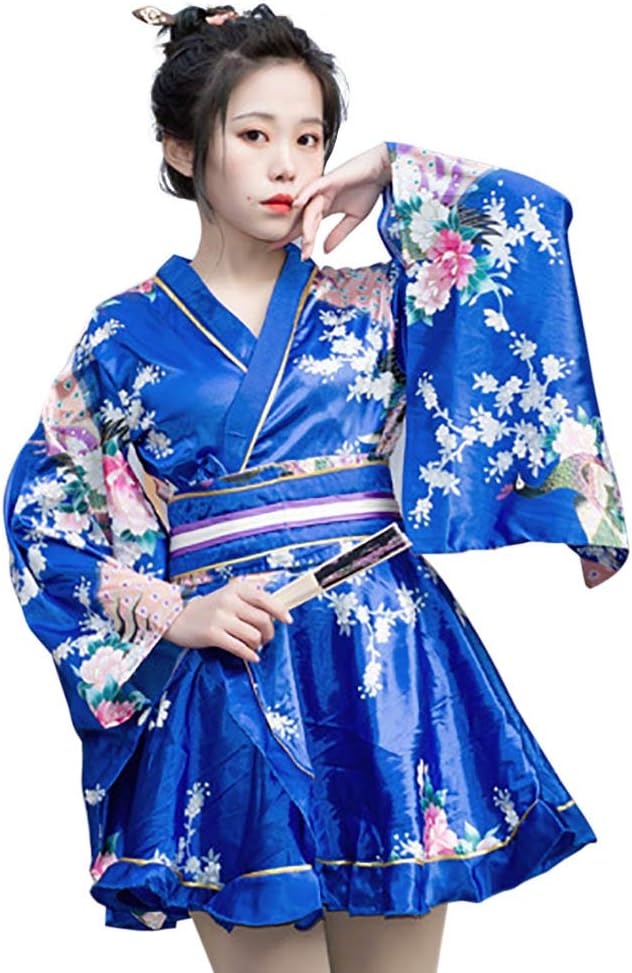 HongH Women's Peacock Print Kimono Mini Dress Japanese Short Lolita Yukata Geisha Costume Fancy Dress Uniform Halloween Outfit (722# Blue)