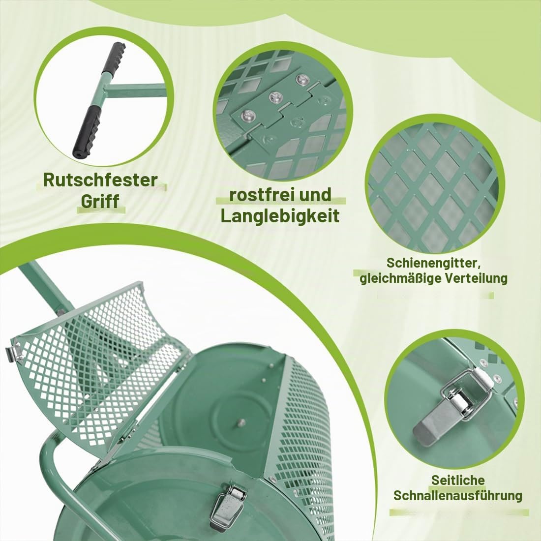 75L Kompoststreuer Roller Edelstahl-Netz für Rasen & Garten Kompostwalze