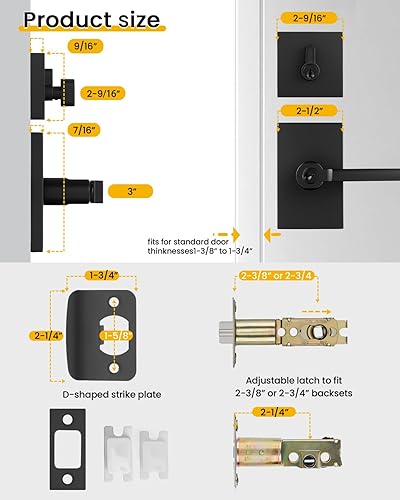 Miniatura 6 de goldenwarm Juego de cerraduras negras para puerta delantera, manija cuadrada negra mate para puerta exterior con cerrojo de seguridad, cerraduras de
