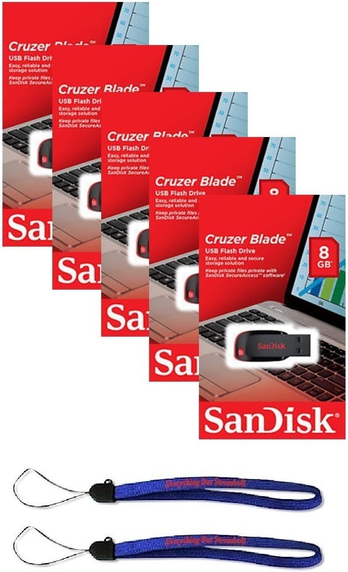 SanDisk Cruzer Blade 8GB (5 Pack) SDCZ50-008G USB 2.0 Flash Drive - Five Pack Retail Packs Bundle with(2) Everything But Stromboli Lanyards
