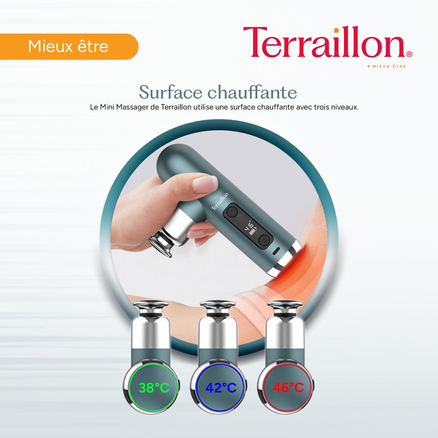 TERRAILLON Pistolet de massage, Détente, Massage, Relaxation MINI MASSAGER | 6 vitesses dont 1 lente pour massage à l'huile, 4 embouts, Surface chauffante, 800-3200 rpm, Charge USB-C, 5h autonomie