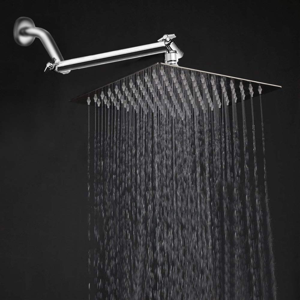 12 inch Shower Head with 11 inch Adjustable Shower Arm, HarJue Stainless Steel Rainfall Showerhead with Arm, Large Rain Waterfall Showerhead (10'' Square Shower Head with Arm)