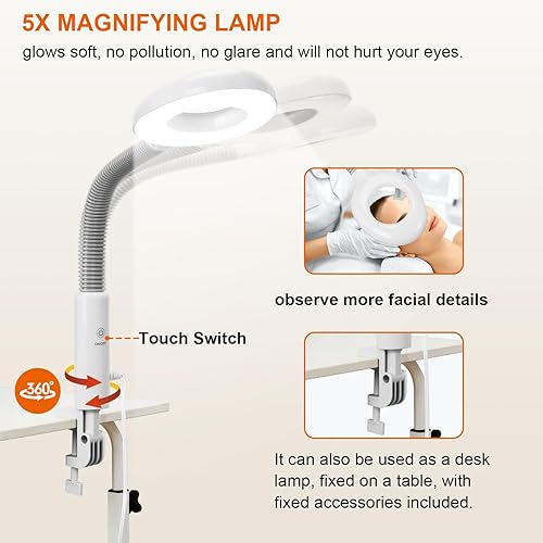 Miniatura 6 de Vaporizador facial profesional con lámpara de aumento 5X, vaporizador facial 2 en 1, calefacción PTC, vaporizador esteticista, vaporizador de ozono,