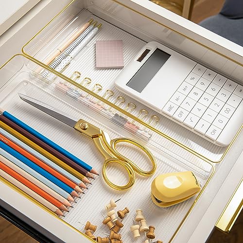 Image of Martha Stewart Kerry Plastic Stackable Office Desk Drawer Organizers, 12 inch x 6 inch, 3 Pack, with Gold Trim