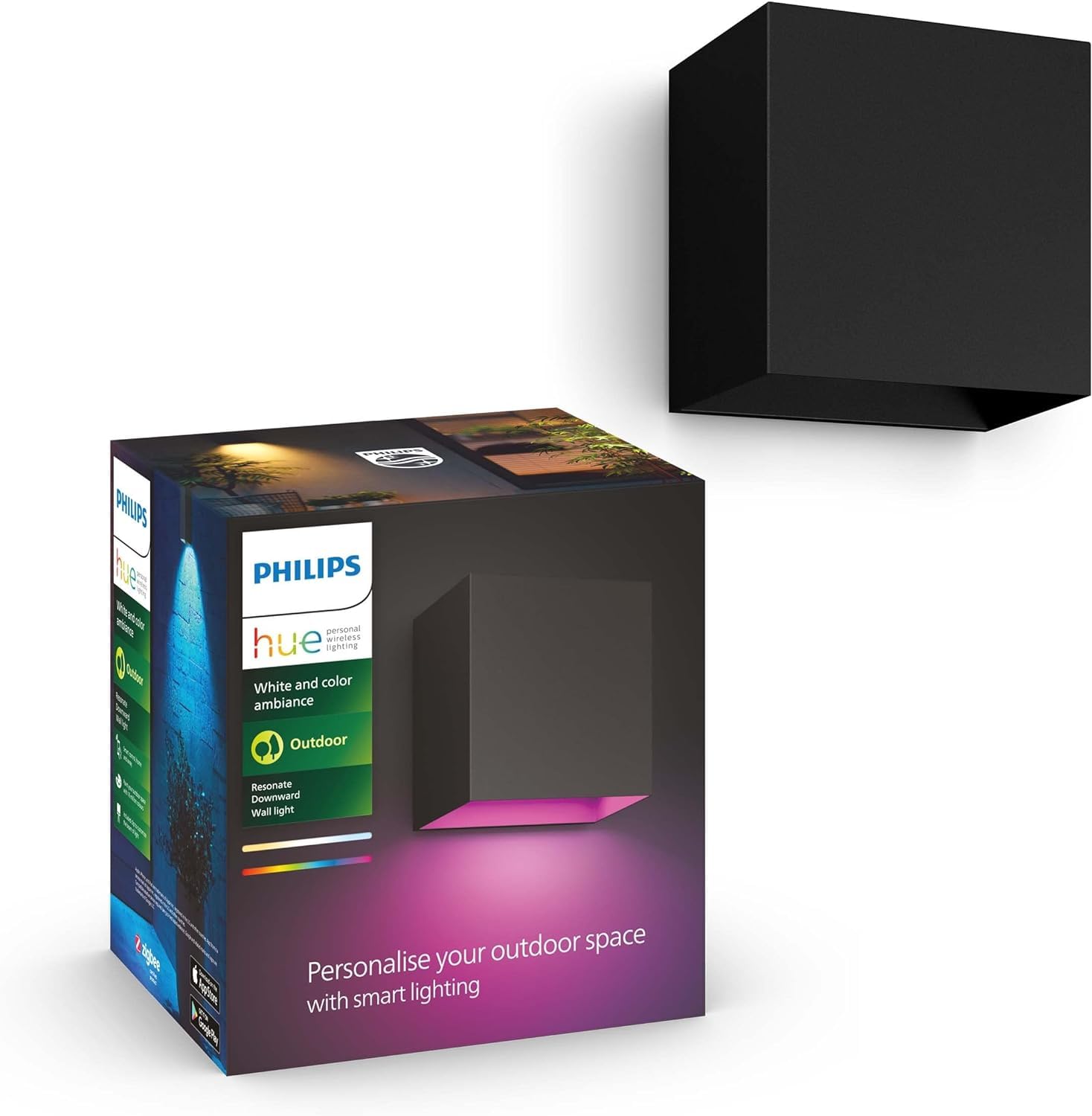 PHILIPS Hue White and Color Ambiance Außenwandleuchte Resonate, dimmbar, 16 Mio. Farben, steuerbar via App, kompatibel mit Amazon Alexa (Echo, Echo Dot)