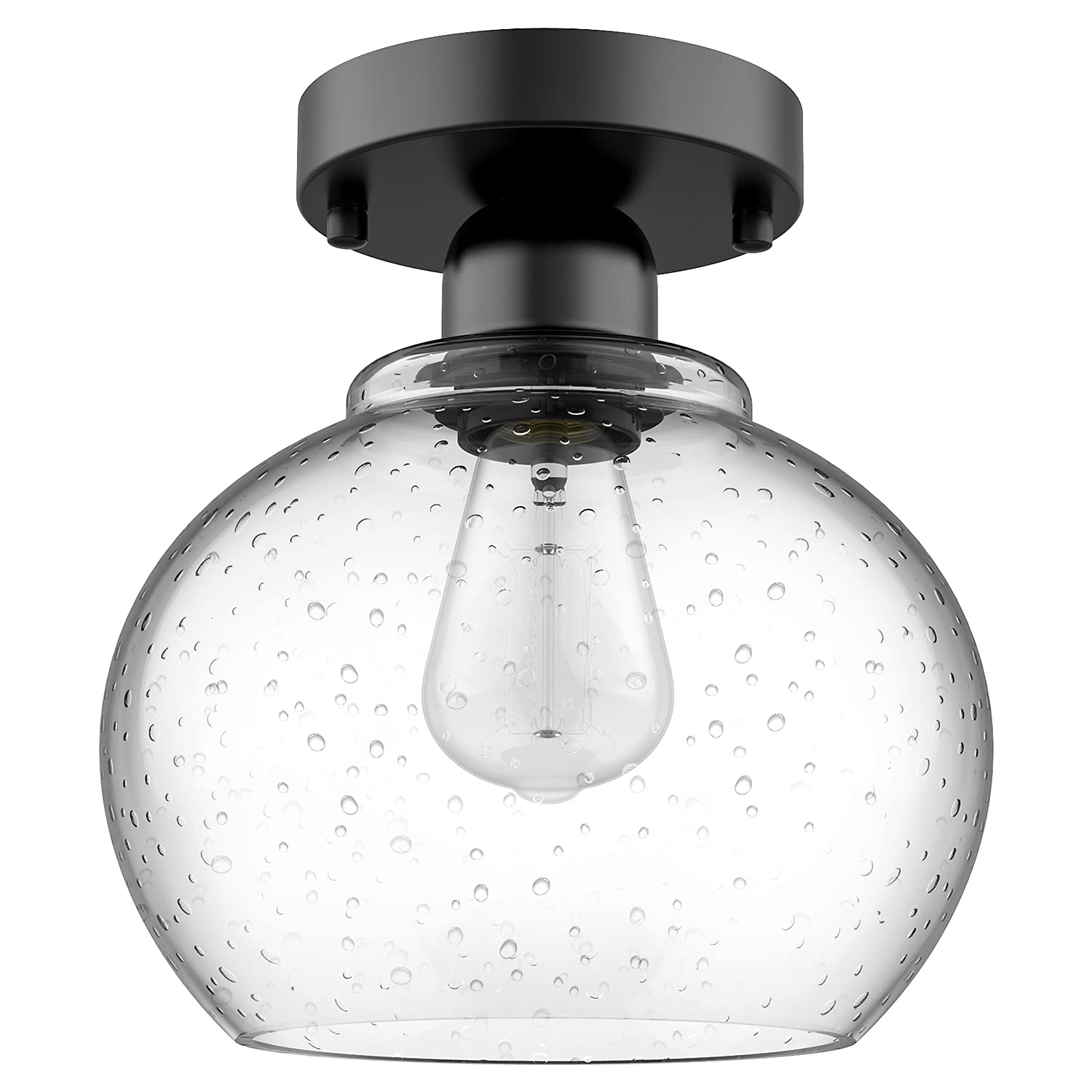 Industrial Semi-Flush Mount Ceiling Light, Round Seeded Glass Pendant Lamp Shade, Farmhouse Black Close to Ceiling Light, Vintage Hanging Ceiling Lighting Fixture for Hallway Entryway Porch Foyer