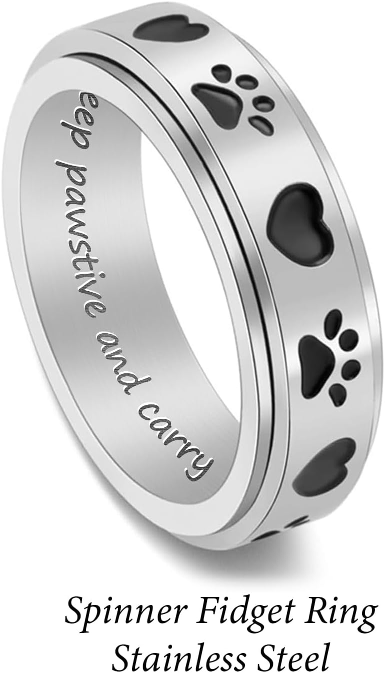 LYTTMAB Keep Pawstive Anxiety Ring for Women Spinner Ring, Animal Dog Paw Print Ring Cat Fidget Ring Women