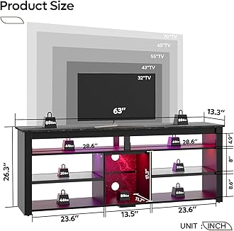 Bestier TV Stand for 70 inch TV, Tall Entertainment Center with 2 Led Lights, Gaming TV Console with Storage for PS5, Modern TV Cabinet for Bedroom, Living Room, Black Marble