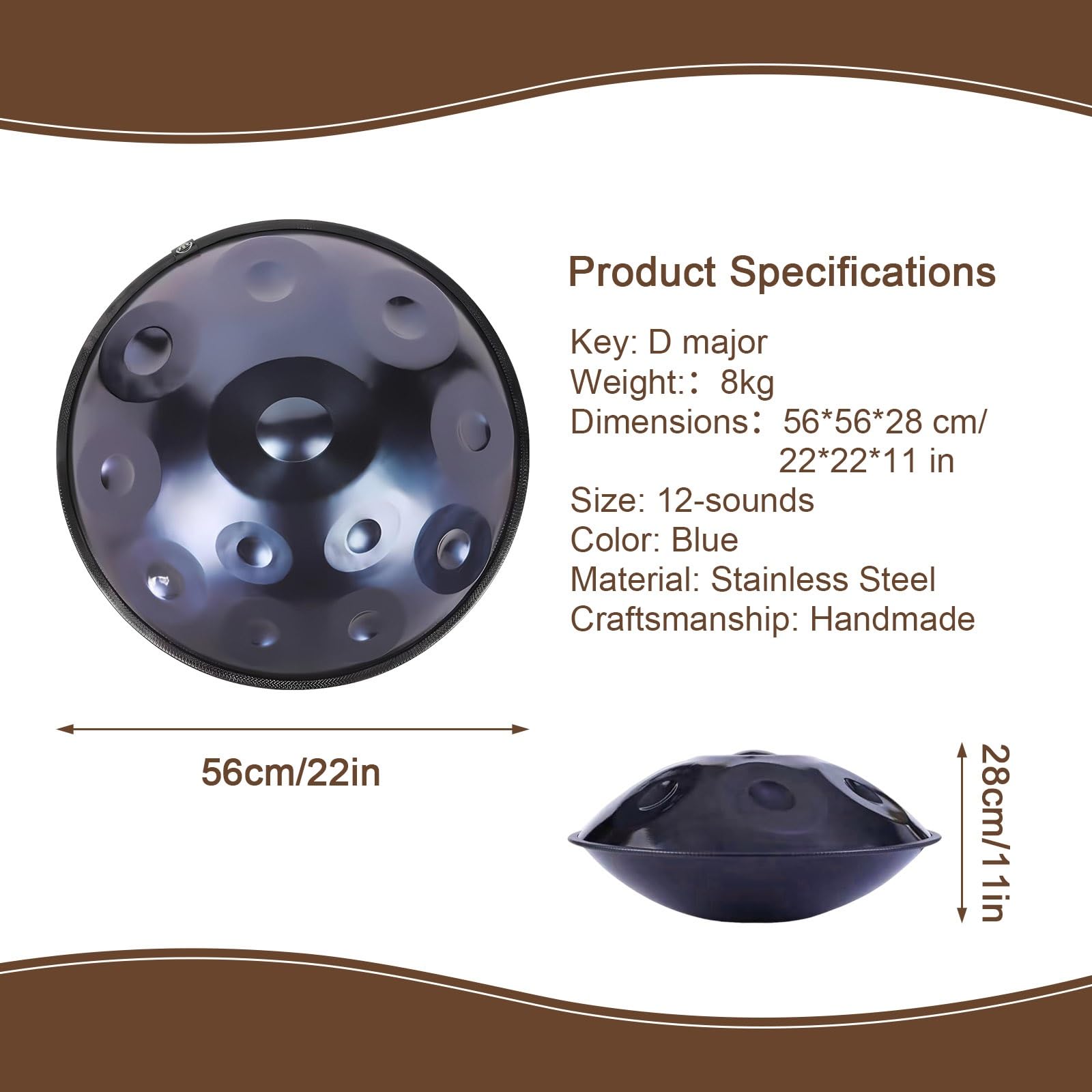 Handpan Ręcznie Robiony Z Pokrowcem I Pałkami – Profesjonalny Instrument Muzyczny 9/10/12 Dźwięków Dla Dorosłych, Do Medytacji, Jogi I Prezentu(Blue)