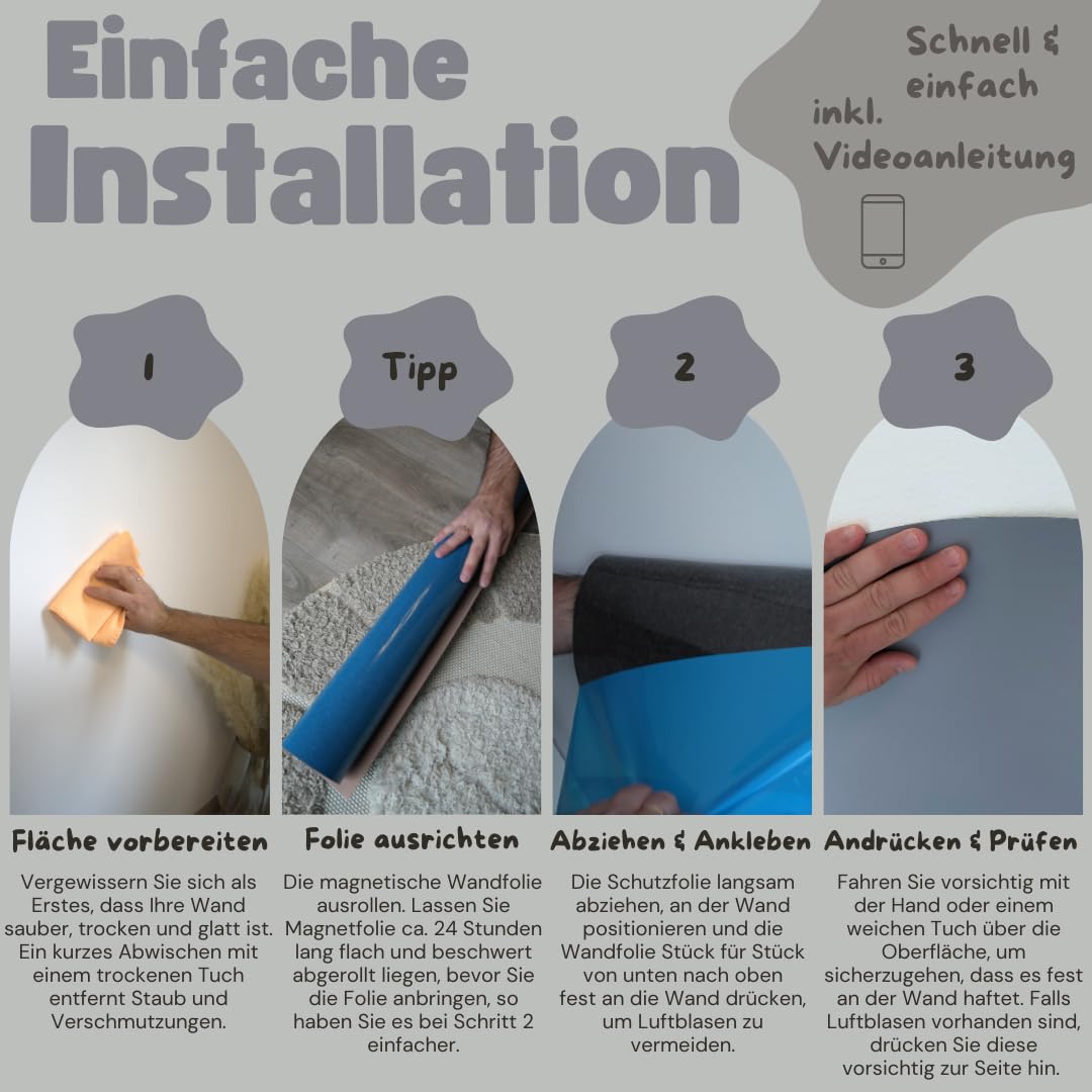Lukada Magnetfolie | Magnetisch Selbstklebende Tafelfolie | 80 x 100cm rund Bogen Wand | Beschreibbar & Abwischbar Kreidefolie | Magnettafel Kind für Magnete | Magnetwand Kinderzimmer (Grau)