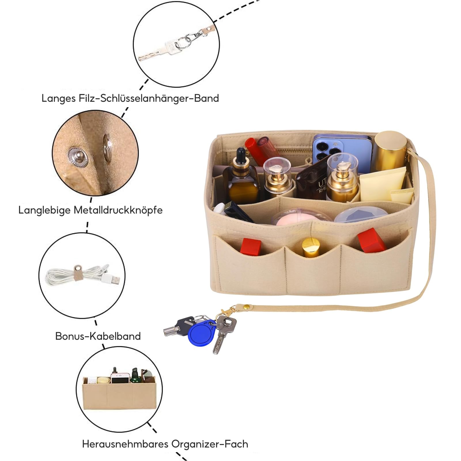 Beżowy filcowy organizer do torebki, wielofunkcyjna kosmetyczka, organizer do torebki, 2 w 1 wkład z oddzielnymi kieszonkami do torebek dla kobiet, średni (27 * 16 * 16 cm)