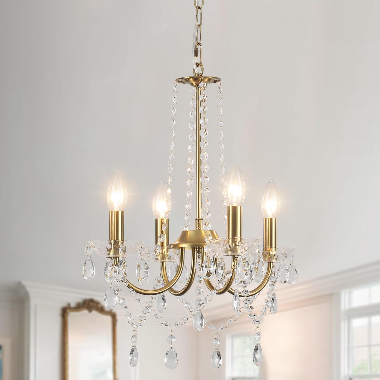 Lamparas Araña Cristal 4 Luces Lamparas Colgantes de Techo Vintage Lámpara Araña Dorada, E14 Lampara Techo Modernas para Salon Comedor Dormitorio Cocina Entrada