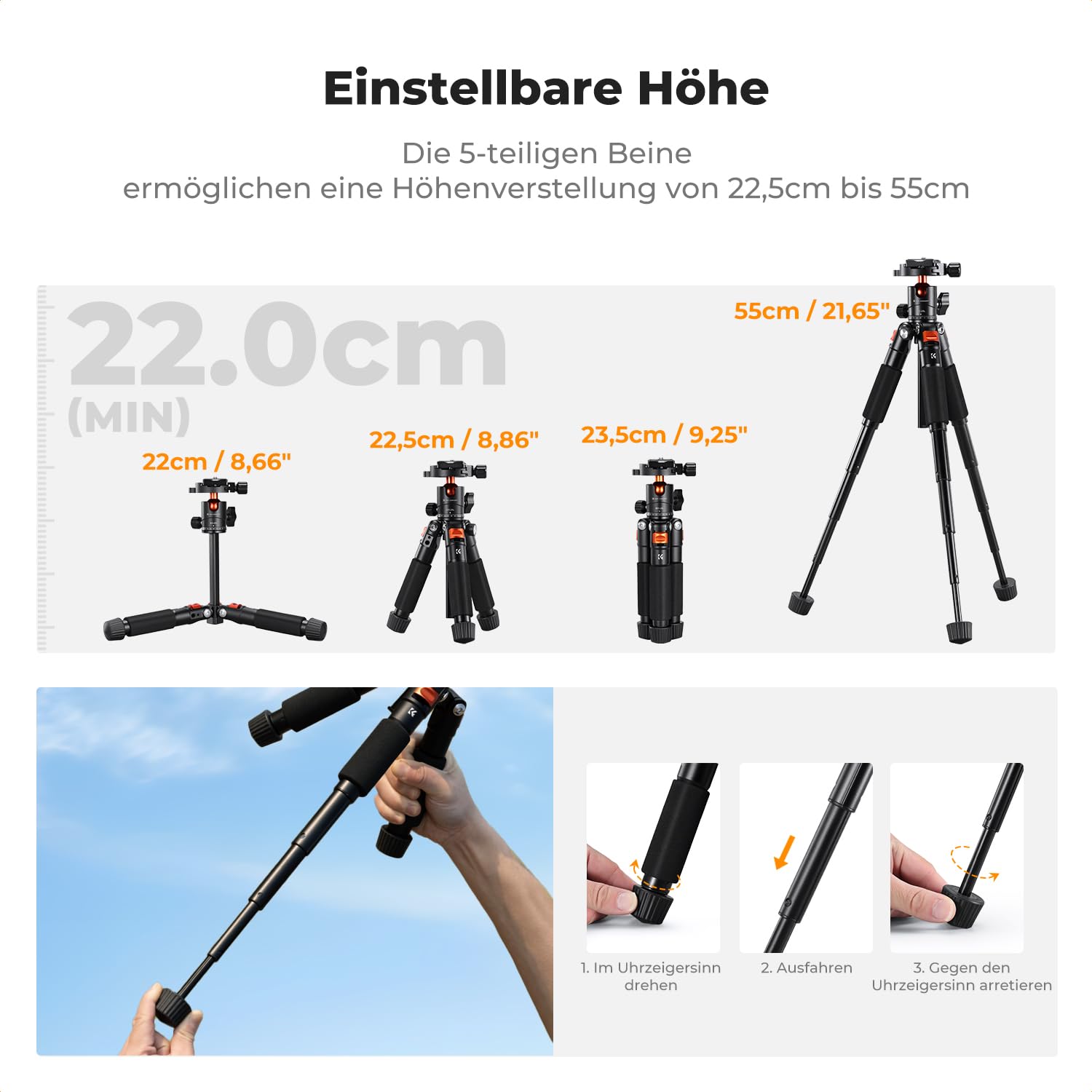 K&F CONCEPT Mini kompaktowy statyw biurkowy (55 cm) z kulką, maksymalne obciążenie 6 kg, szybka taca 1/4" i uchwytem na smartfon do aparatu i telefonu