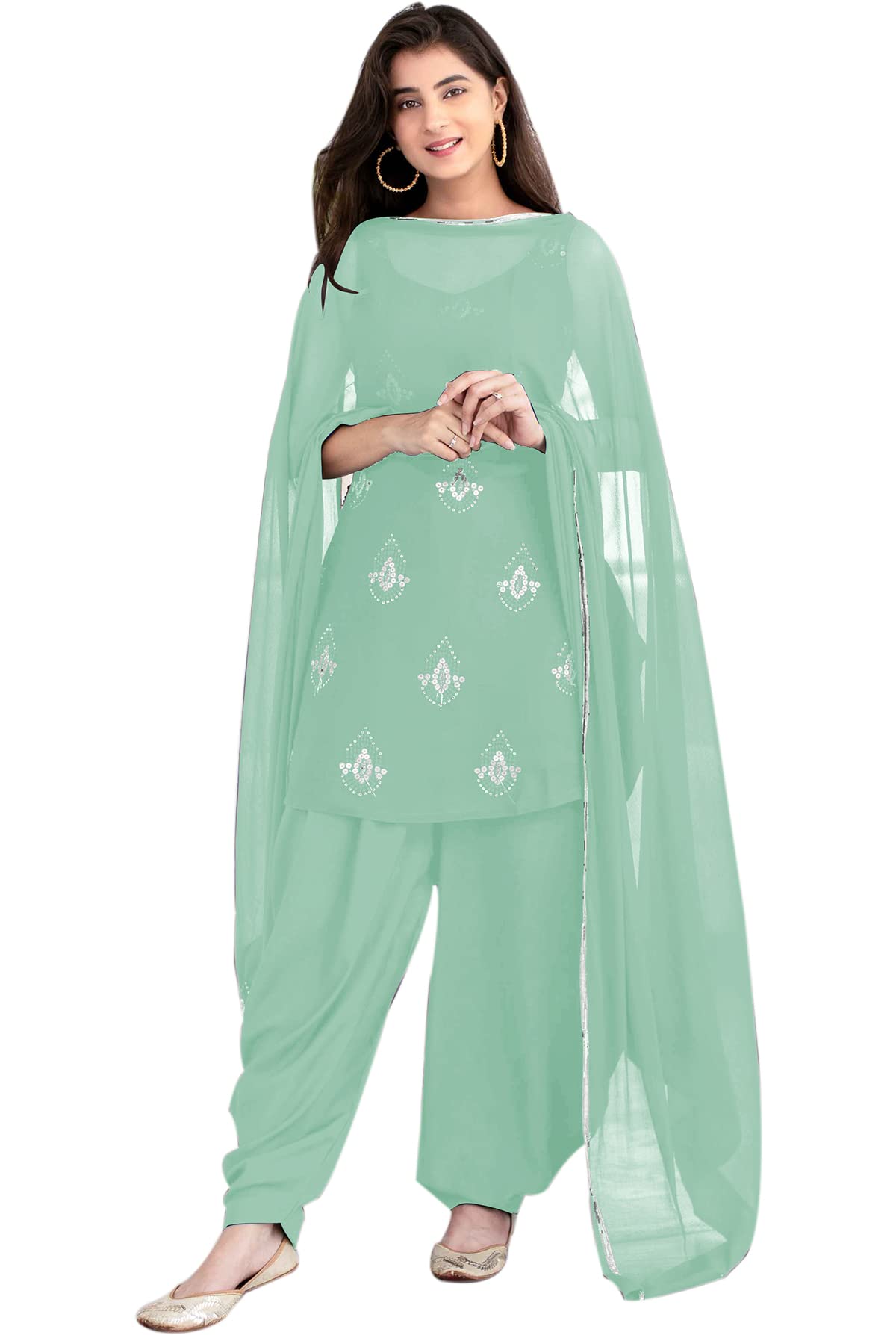 DERWAFAB WOMEN'S Net Punjabi Suit Semi Stitched Salwar Suit (Patiyala Suit) (New sarara shuit SF201-43no Blue1 Free Size)