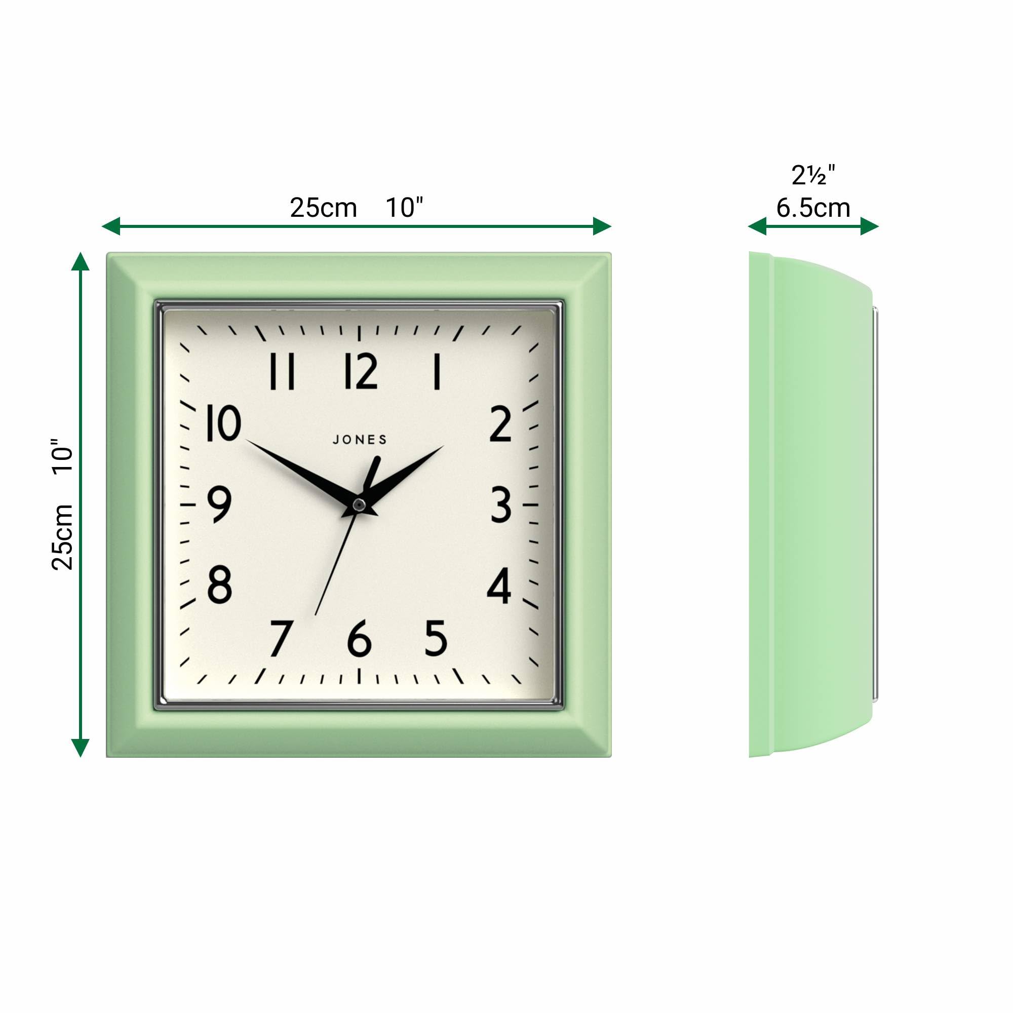 JONES CLOCKS® Mustard Wanduhr | Quadratische retrouhr | 25 cm | Neo-mintgrün | Diner-Stil | Perfekt für küche, Wohnzimmer oder büro