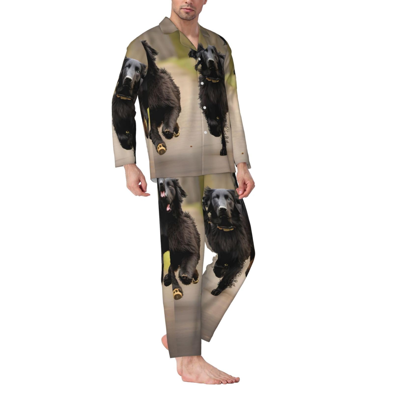Trotting Herren-Pyjama-Set, flach, beschichtet, Pfotenabdruck, langärmelig, zweiteilig, Hauskleidung, bequeme Nachtwäsche, Nachtwäsche