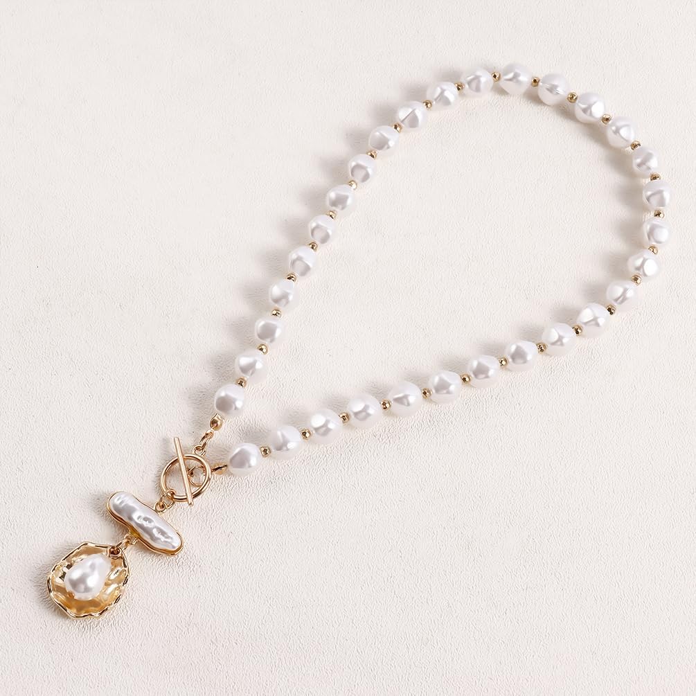 Beaded White Round Pearl Gold Shell Baroque Pearl Pendant Necklace for Women, Trendy Vintage OT Buckle Statement Choker Necklaces Y2K Party Prom Jewelry - Image 5