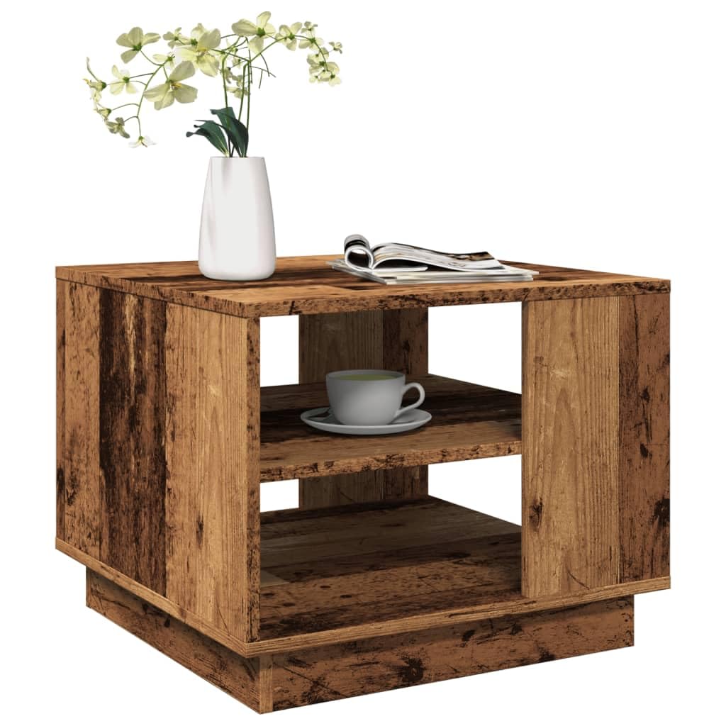 Stolik kawowy o wyglądzie starego drewna, 55 x 55 x 42 cm, materiał drewnopochodny, trwały, do salonu, stolik pomocniczy z półką i rolką, do salonu i biura