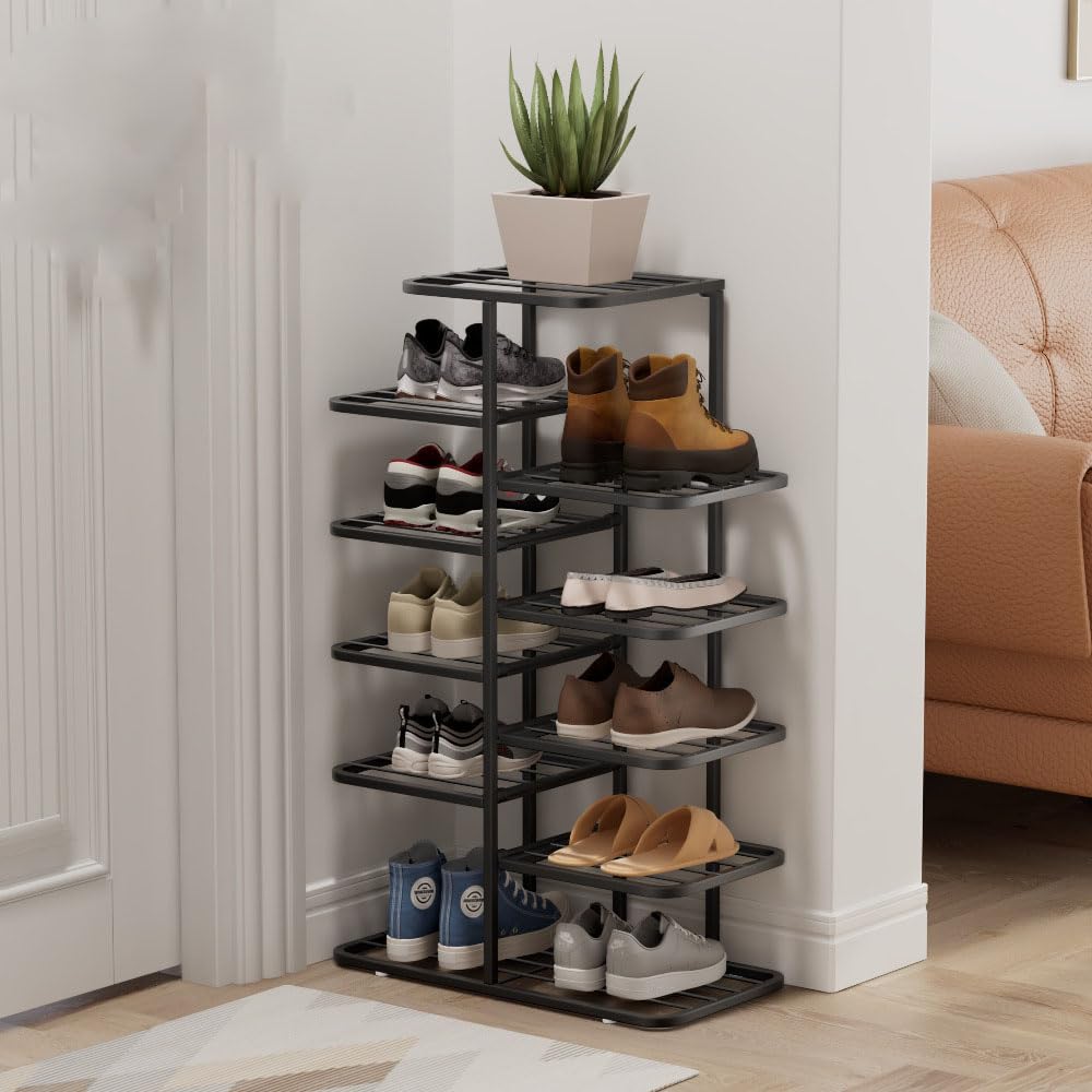 Almacenamiento de zapatos para la entrada y el baño con estante vertical negro de montaje fácil