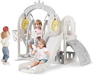 FUKEA Climbing Slide with baby swing, 5 in 1 Toddler Slide with Climbing Frame, Swing, Storage Box, Basketball Hoop, Indoor Outdoor Garden Playground Climbing Theme Baby Slides for Toddlers Age 1-3