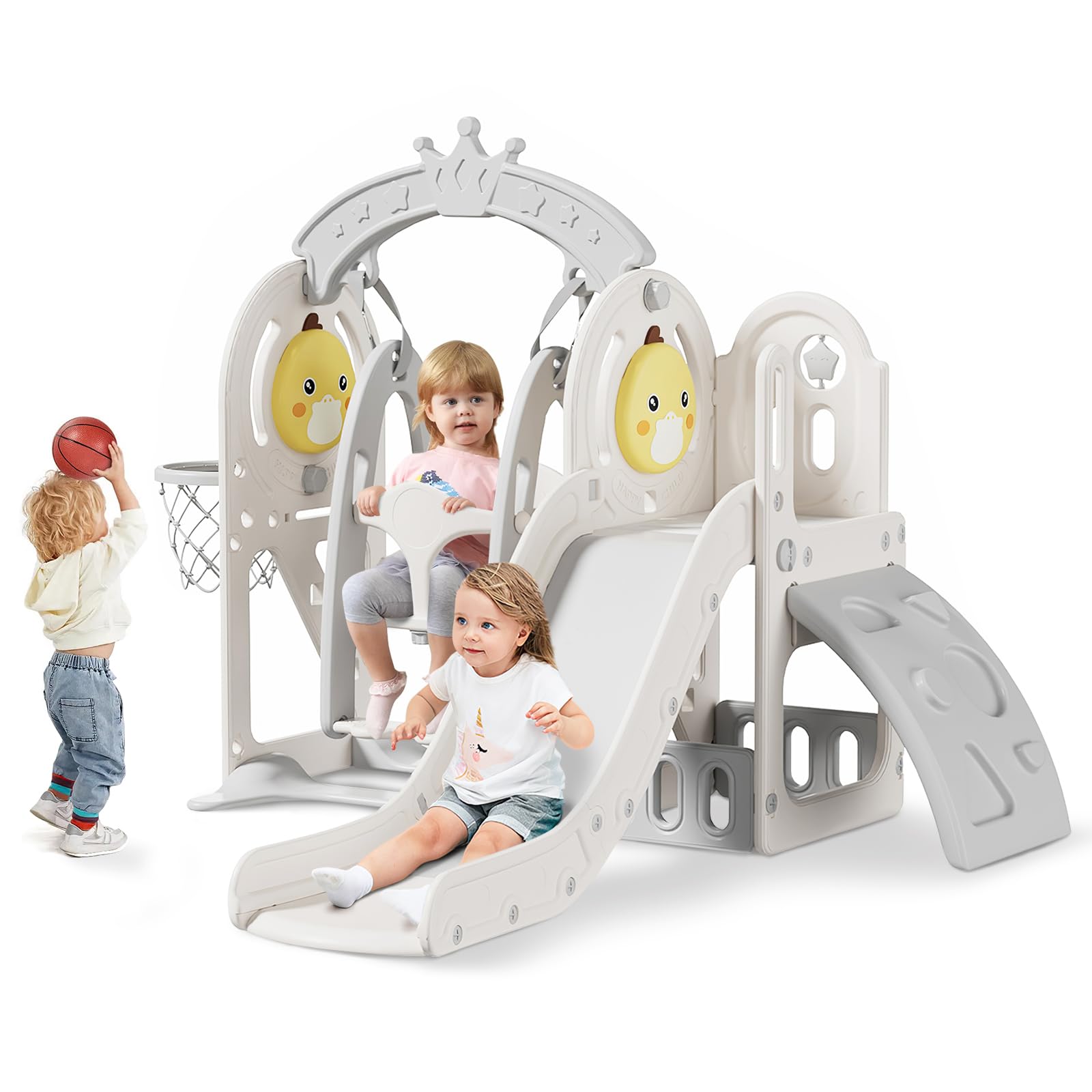 FUKEA Climbing Slide with Baby Swing, 5 in 1 Toddler Slide Includes Climbing Frame, Storage Box, Basketball Hoop, Indoor Outdoor Playground Slide for Kids 1-3, Beige