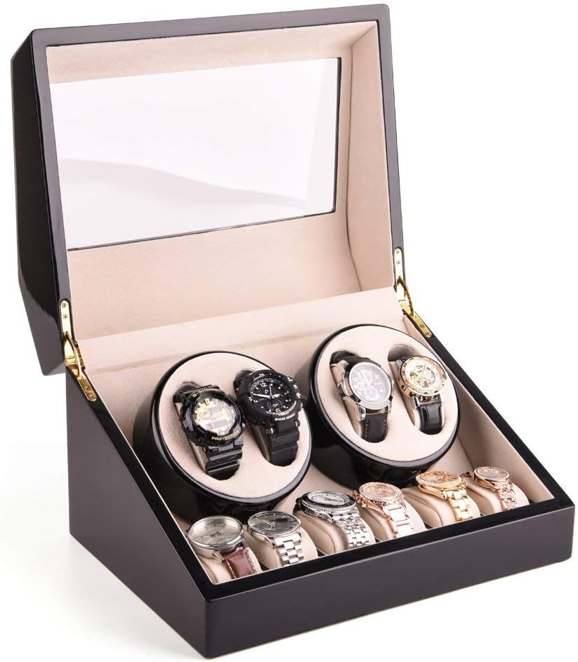 HEZALA Automatic Double Watch Winder with Quiet Mabuchi Motor for Men, 4+6 Watches Storage Box Case for Rolex, Wood Shell Piano Paint Exterior, Soft and Flexible Watch Pillows(Black Piano Paint Dual)