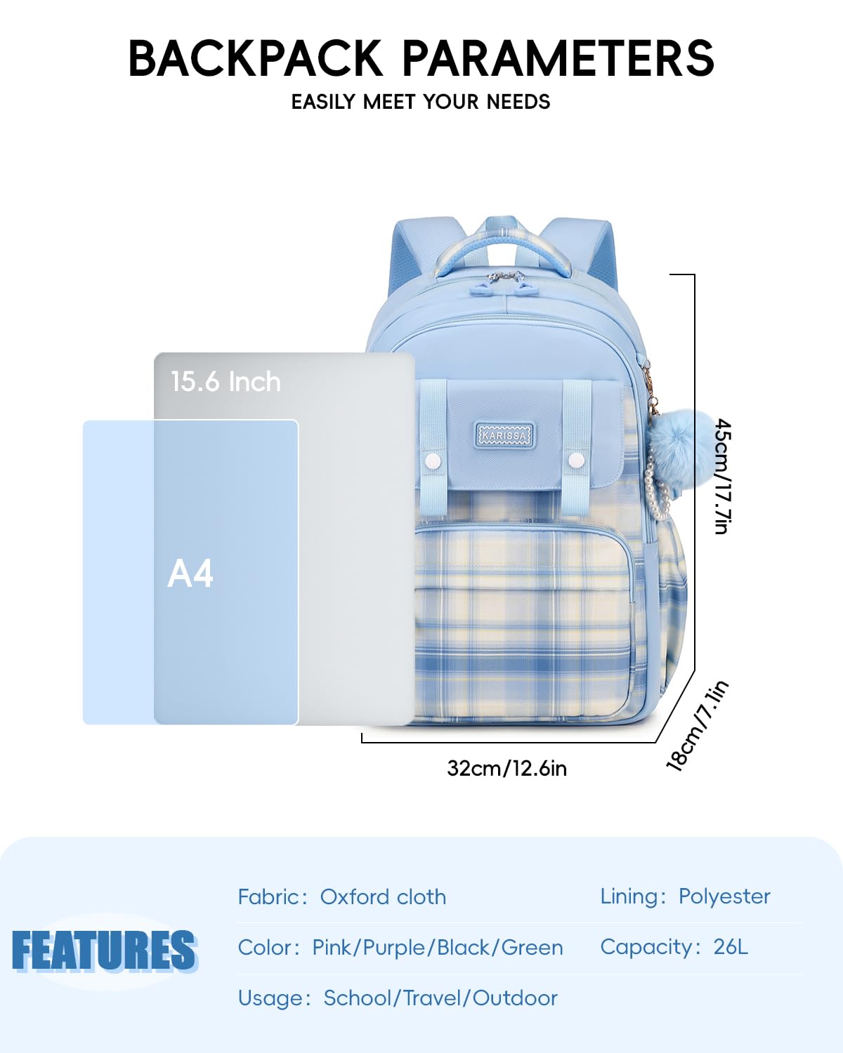 Tanou Sac à Dos pour Adolescents Filles, 24L Cartable Collège Respirant pour les Filles 9 a 16 ans, Sac Ecole Primaire Cartables Scolaires Décontracté avec Motif à Carreaux