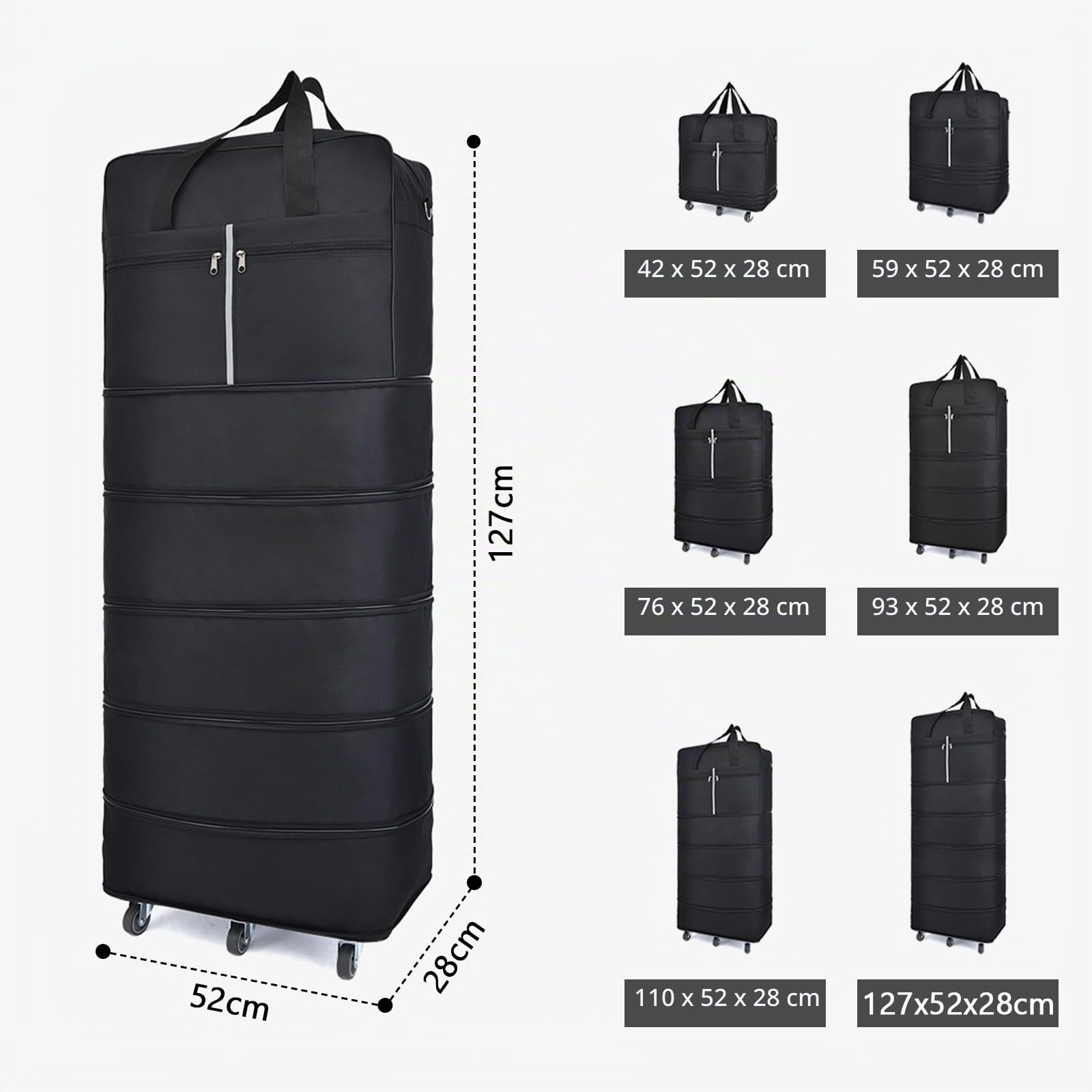Borsa da viaggio con ruote, grande, pieghevole, 127 cm x 52 cm x 28 cm | Borsa da viaggio pieghevole da 185 l, per uomini e donne, con manici e chiusura lampo