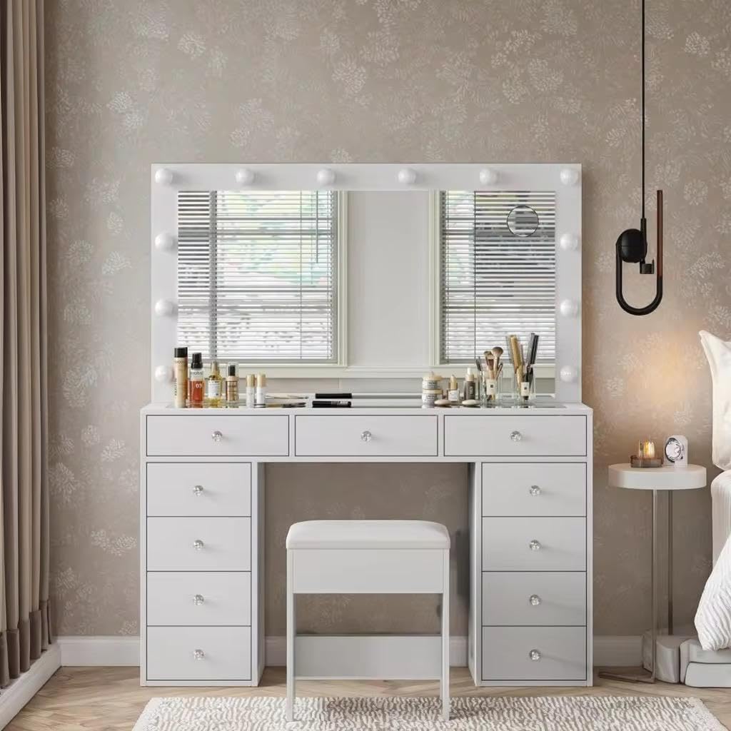 Modern Makeup Vanity Desk with LED Mirror & Cushioned Stool | Hollywood Light Dressing Table with Storage Drawers | MDF Wooden Vanity Table with Duco White Finish-picture-22