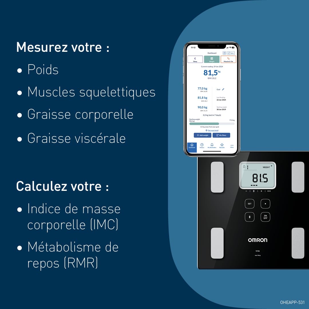 OMRON VIVA, balance pour mesurer poids, graisse viscérale, muscles, métabolisme, IMC avec résultats précis et synchronisation Bluetooth via l'application OMRON Connect