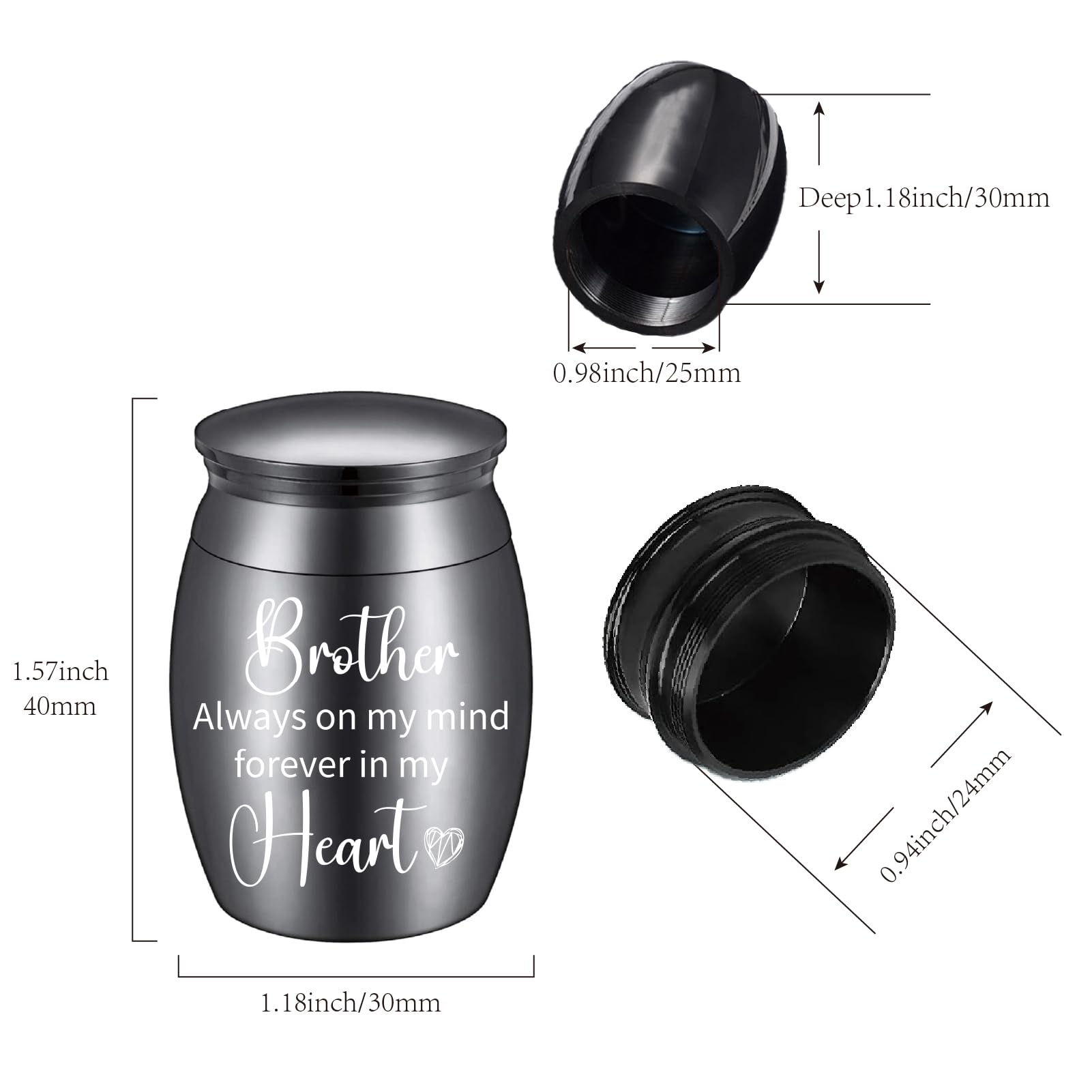 CREATCABIN Mini Brother Urn Memorial Urns Black Metal Alloy Always Mind Forever Heart Cremation Ashes Keepsake Holder Container with Bag Spoon Cloth for Human Male Funeral Burial 1.6 x 1.2 Inch - Image 2