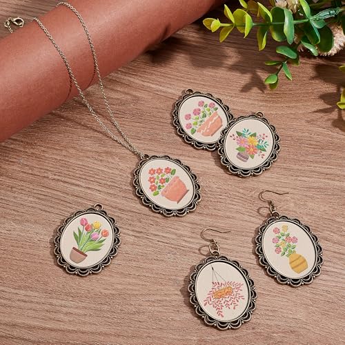 Image of INFUNLY 6 Sets DIY Flower Necklace Embroidery Kit for Adult Beginner Embroidery Pendant Kit Floral Theme Embroidery Necklace Kit Flower Leaf Cross Stitch Kits with Instructions for Women Gift