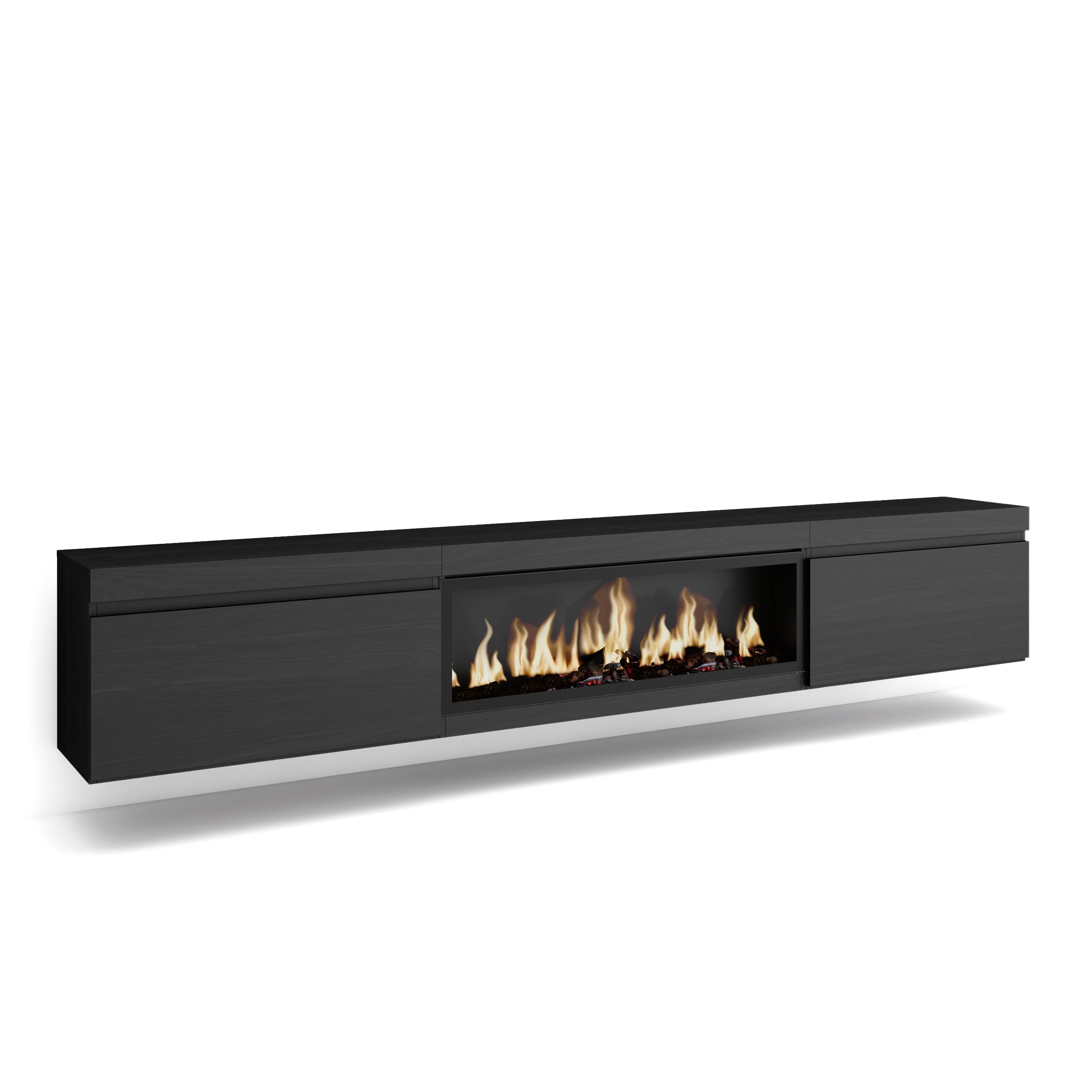 Skraut Home | Mueble TV | Televisión | Muebles de salón, almacenaje | 267x45x35 cm | para TV Gran Formato | Chimenea eléctrica XXL | Colgado, Suspendido | Estilo Moderno | Negro