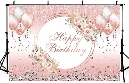 AIBIIN Telón de fondo bohemio de feliz cumpleaños de 7 x 5 pies para niña, globos rosados con purpurina, fondo de fotogarfía, decoración de fiesta