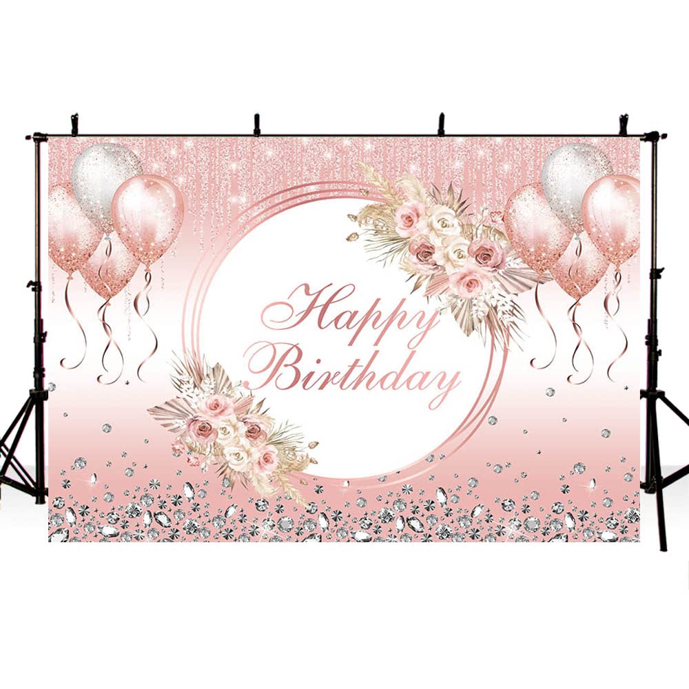 AIBIIN 7x5ft Boho Happy Birthday Backdrop for Girl Pink Balloons Glitter Dropping Crystal Photogarphy Background Birthday Party Decorations Banner
