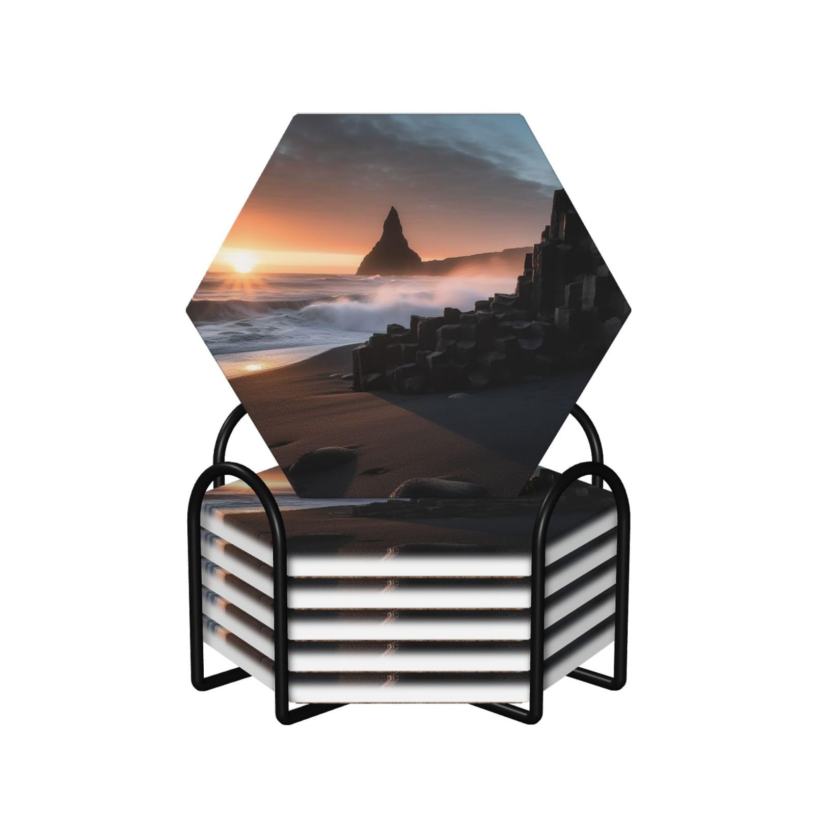 Dessous de verre en céramique paysage islandais, idée cadeau déco maison hexagonale originale