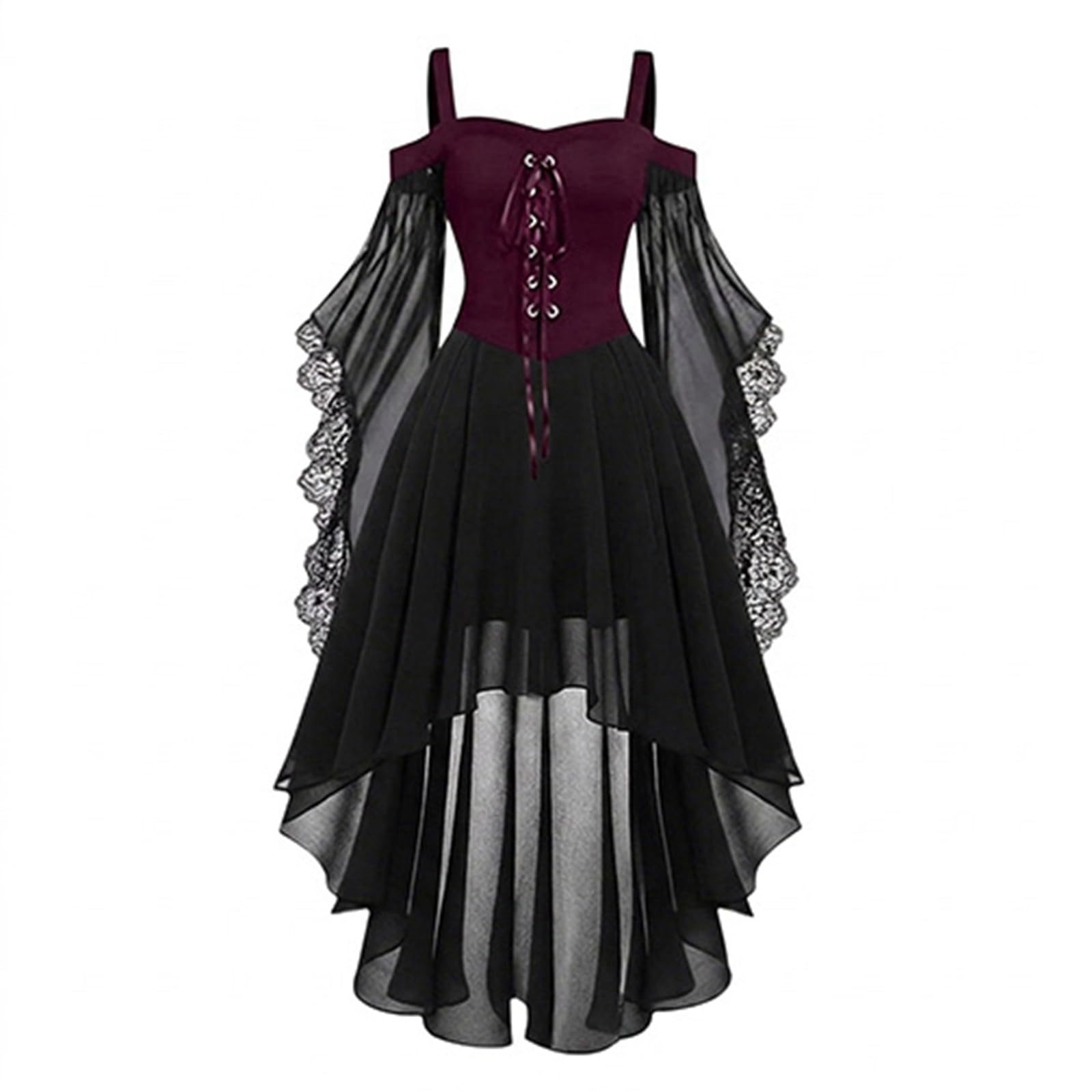 Vokuhila - Vestito medievale per Halloween, per bambine, gotico, cosplay | Vestito da principessa per bambini, a maniche lunghe, con spalle scoperte, in pizzo, stile vittoriano, vampiro, carnevale