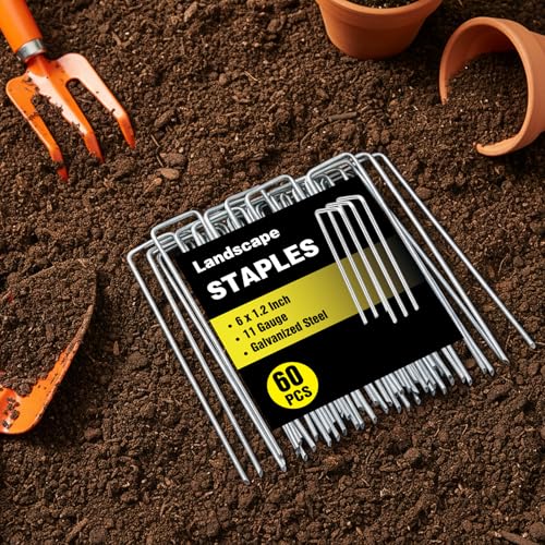 Image of HongWay 60 Pack Landscape Staples 6 Inch, Galvanized Garden Stakes 11 Gauge