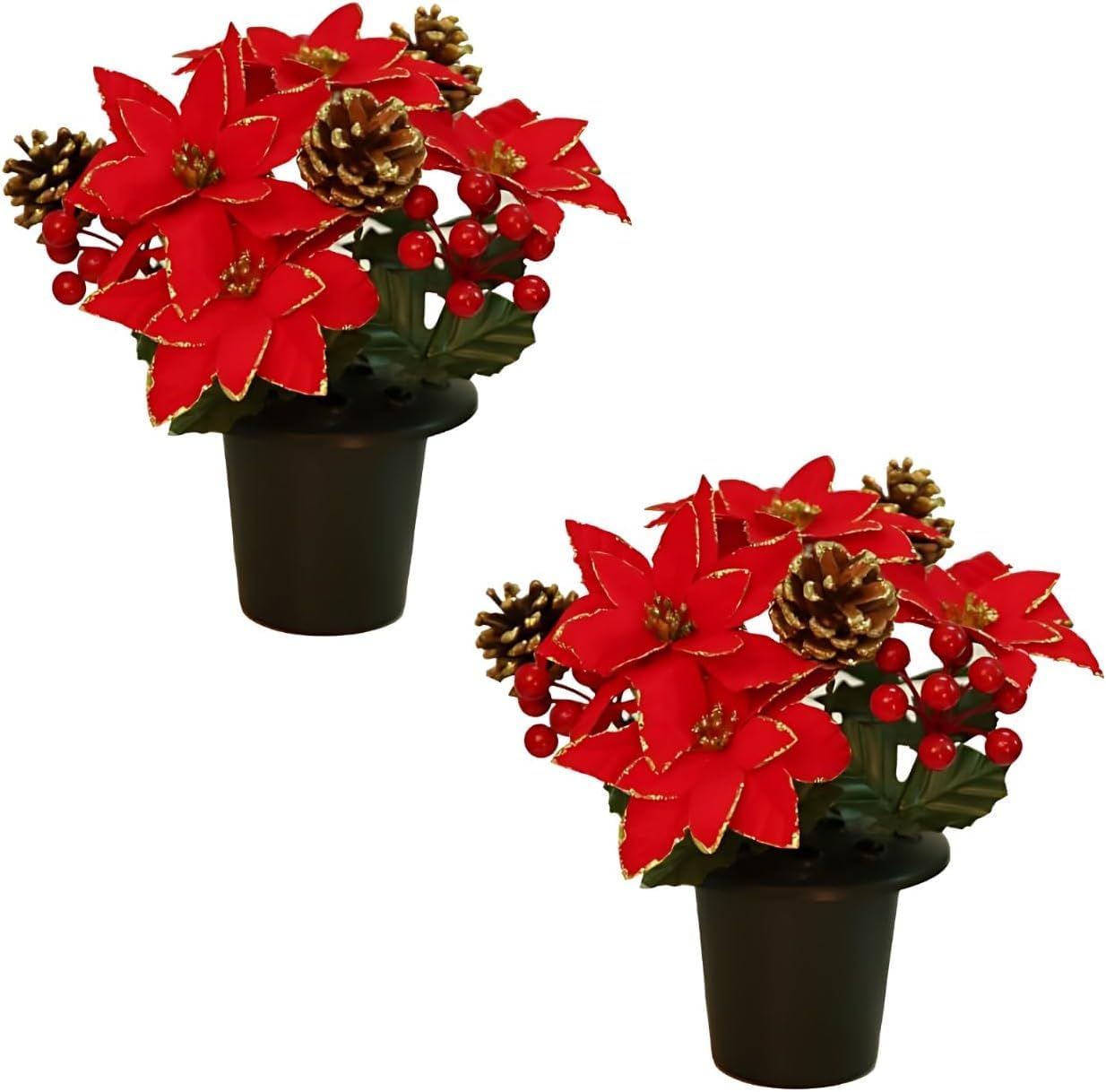 Homesecret Poinsettia And Holy Cone Pot 2X Pack 2 Christmas Artificial Flowers For Graves In Pots | Red Poinsettia With Cone & Holly Berry | Cemetery Artificial Poinsettia Grave Flower Pots|Durable Grave Pot For Floral Arrangement Decorations