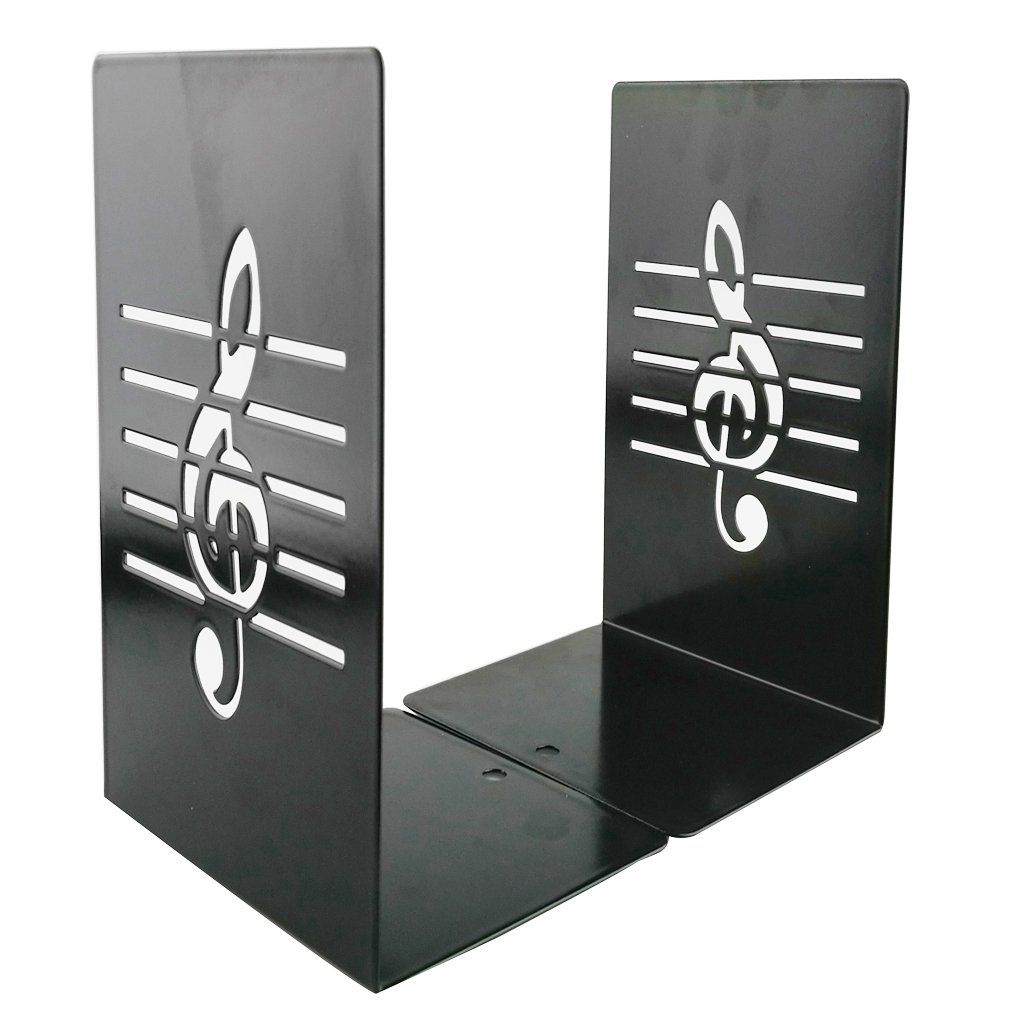 Un paio di supporti reggilibri in metallo nero, con nota musicale, creativi, di tendenza per bambini, amanti della musica, decorazione di casa e ufficio Nero