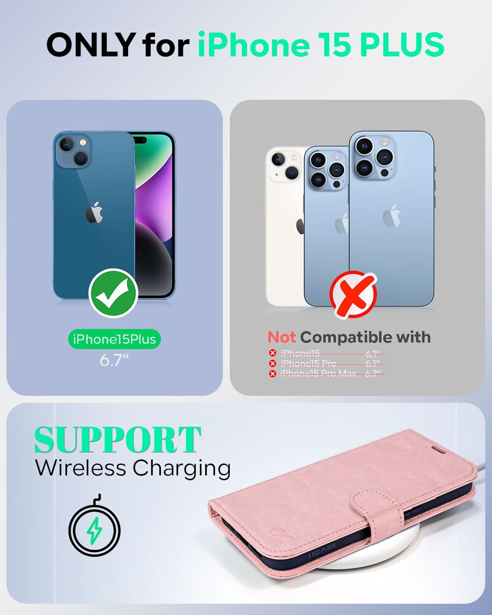 OCASE Custodia iPhone 15 Plus, Cover iPhone 15 Plus Interno TPU Antiurto Portafoglio [RFID Blocking] [Carta Fessura] [Supporto Stand] Custodie in Pelle per iPhone 15 Plus (6,7 Pollici) - Rosa