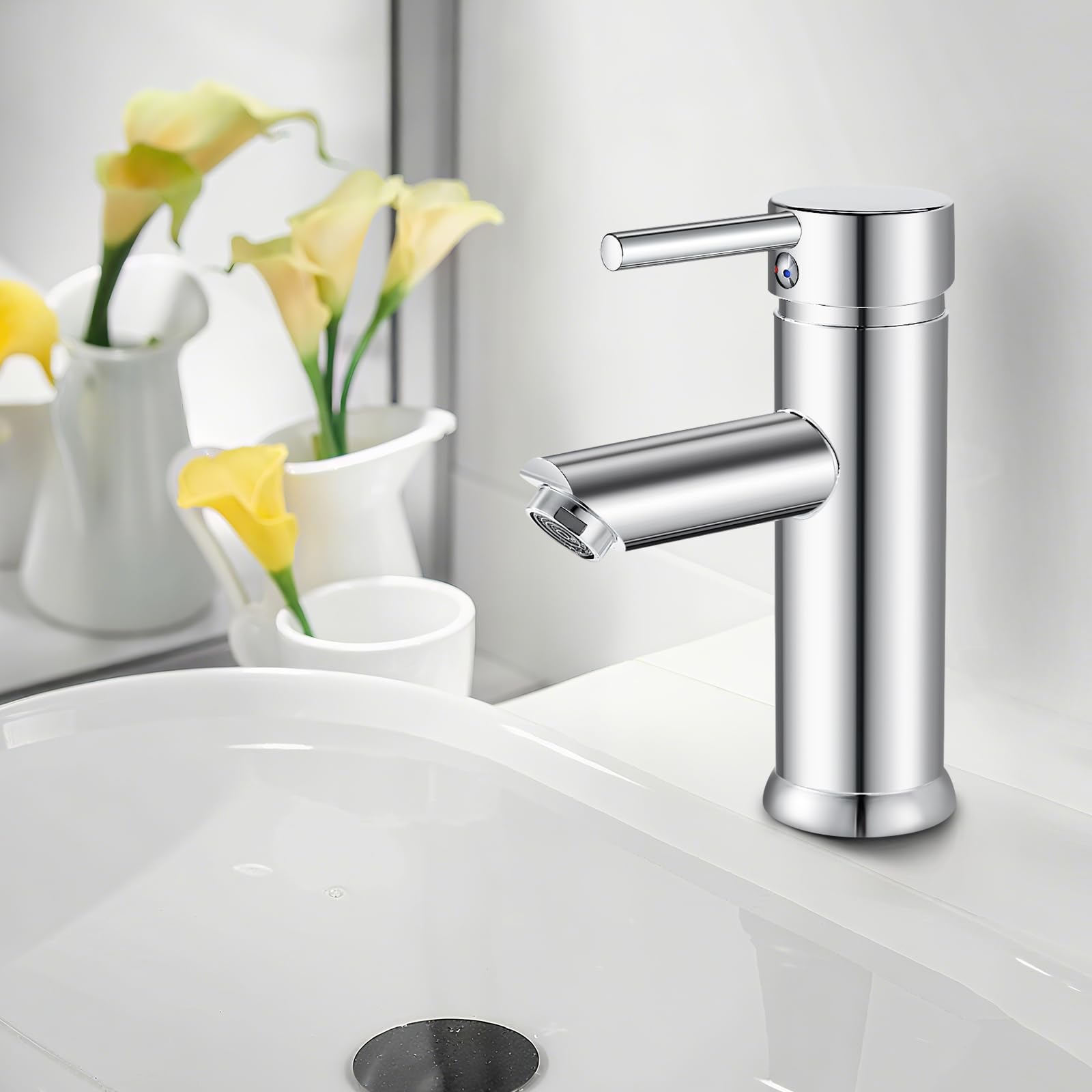 kisimixer Robinet de Salle de Bain Monocommande, Mitigeur de Lavabo Réglable Chaud et Froid, Acier Inoxydable, Chromé