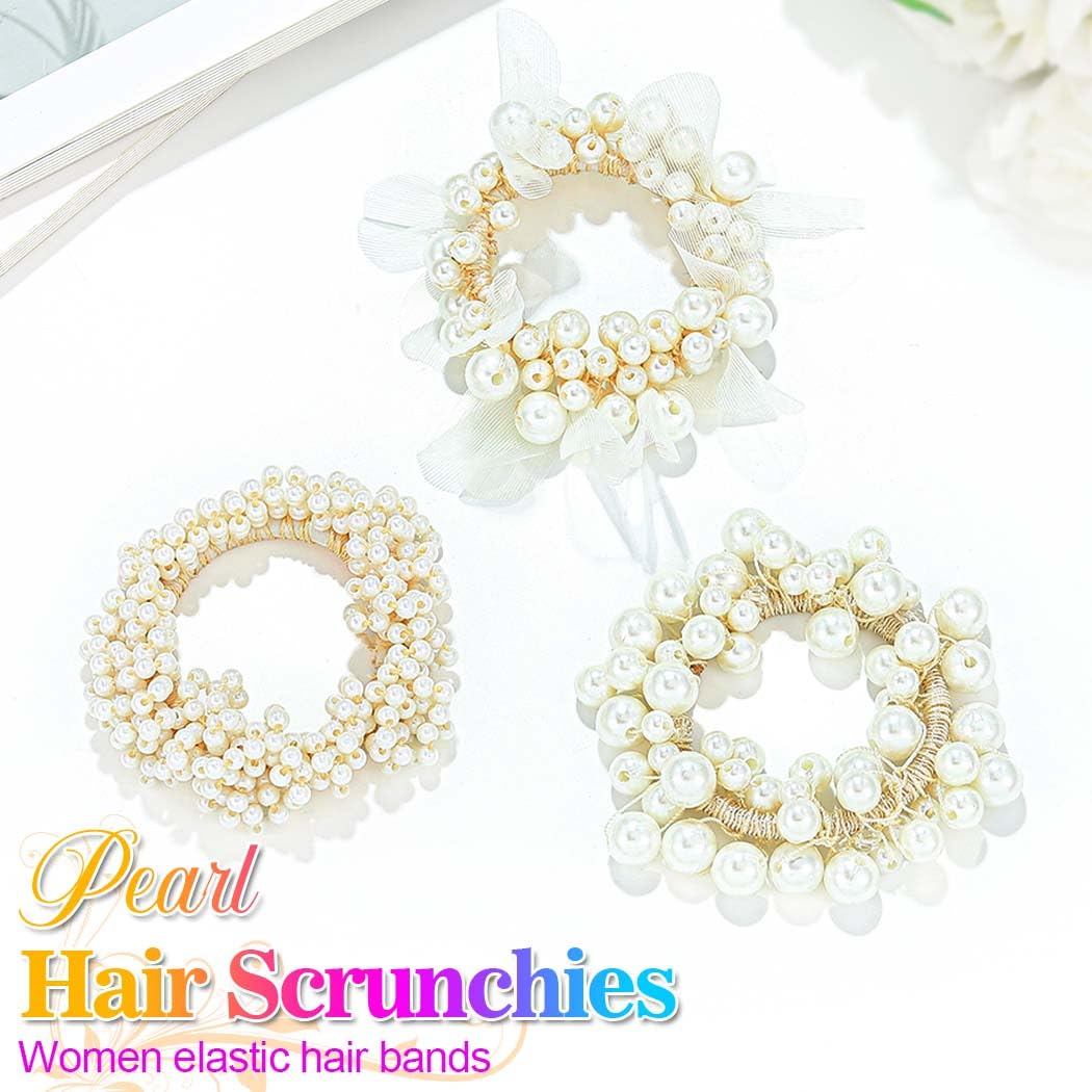 Reaky Pearl Hair Ties Beaded Hair Scrunchies Fancy Ponytail HoldersDecorative Hair Accessories for Women, 7cm /2.75 inches - Image 2
