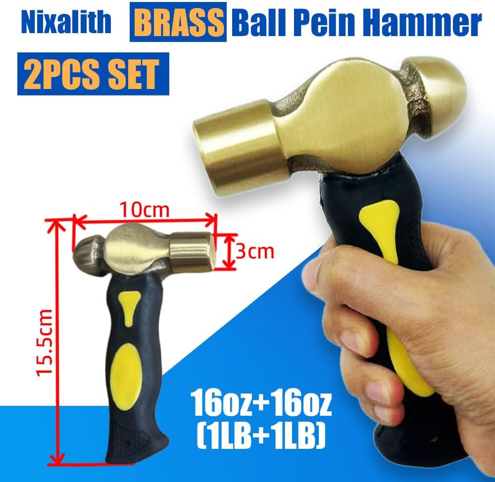 Nixalith Brass Ball Peen Hammer Set 2PCS, 16oz+16oz Brass Hammer, Stubby Ball Pein Hammer,Length 15.5cm,Good for Jewelry Making, Ideal for Home, Auto Repair, Carpentry and Crafting