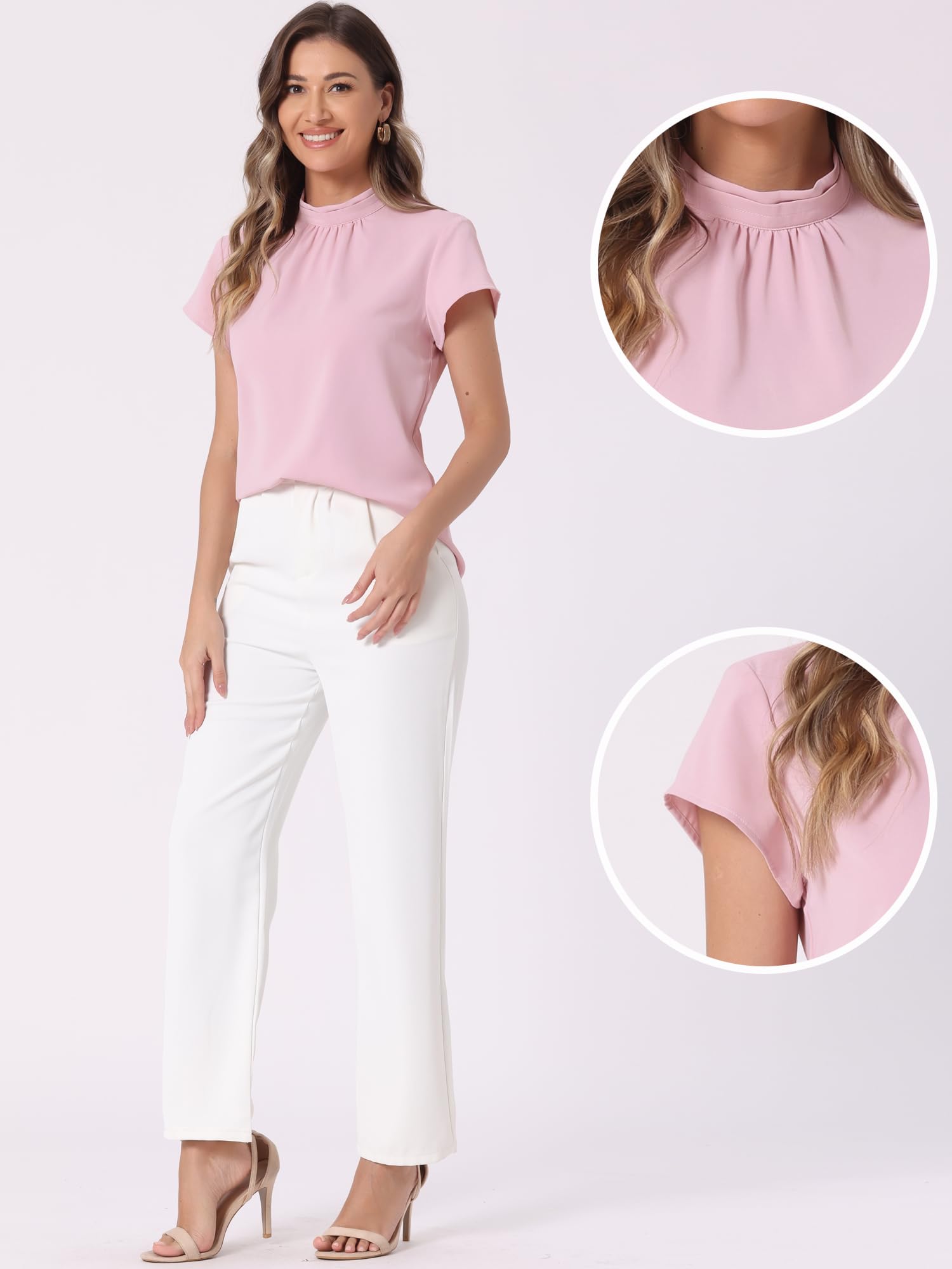 Allegra K Damen Bluse Sommer Kurzarm Stehkragen Chiffon Business Oberteil Flügelärmel Elegant Top